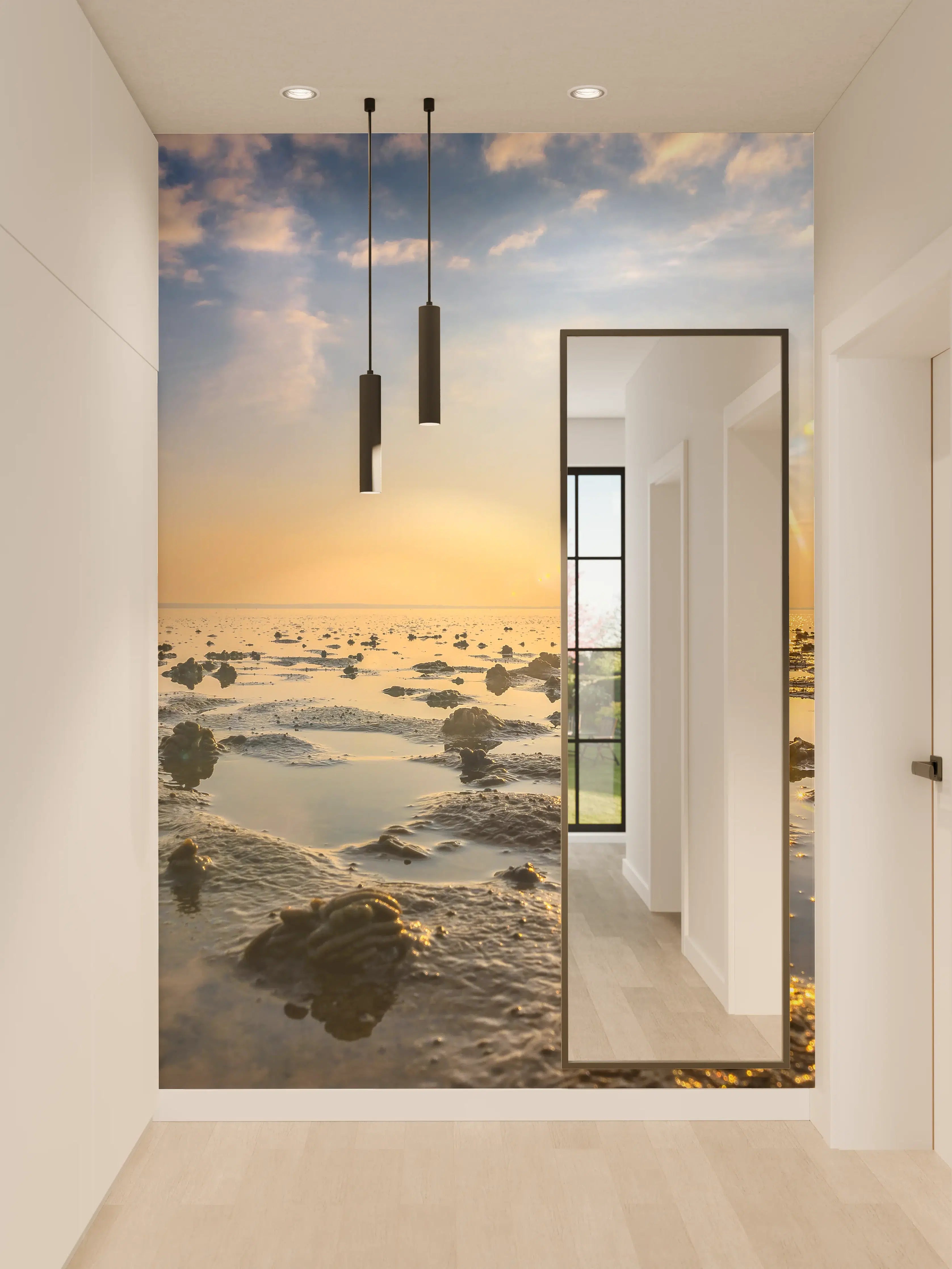 Wandverkleidung Flur - Sonnenuntergang am Meer mit Ebbe