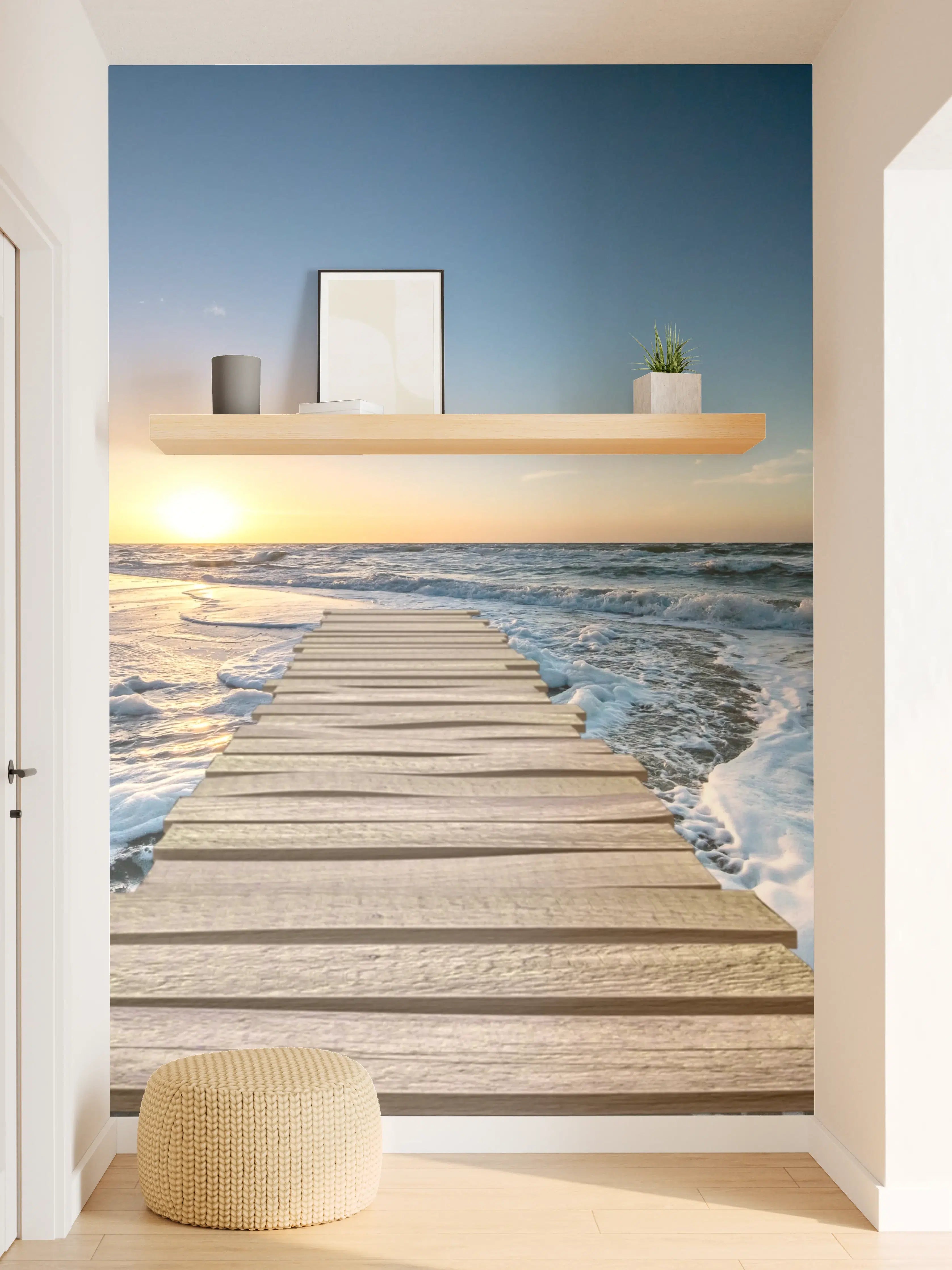 Wandverkleidung Flur - Sonnenuntergang am Meer mit Holzsteg