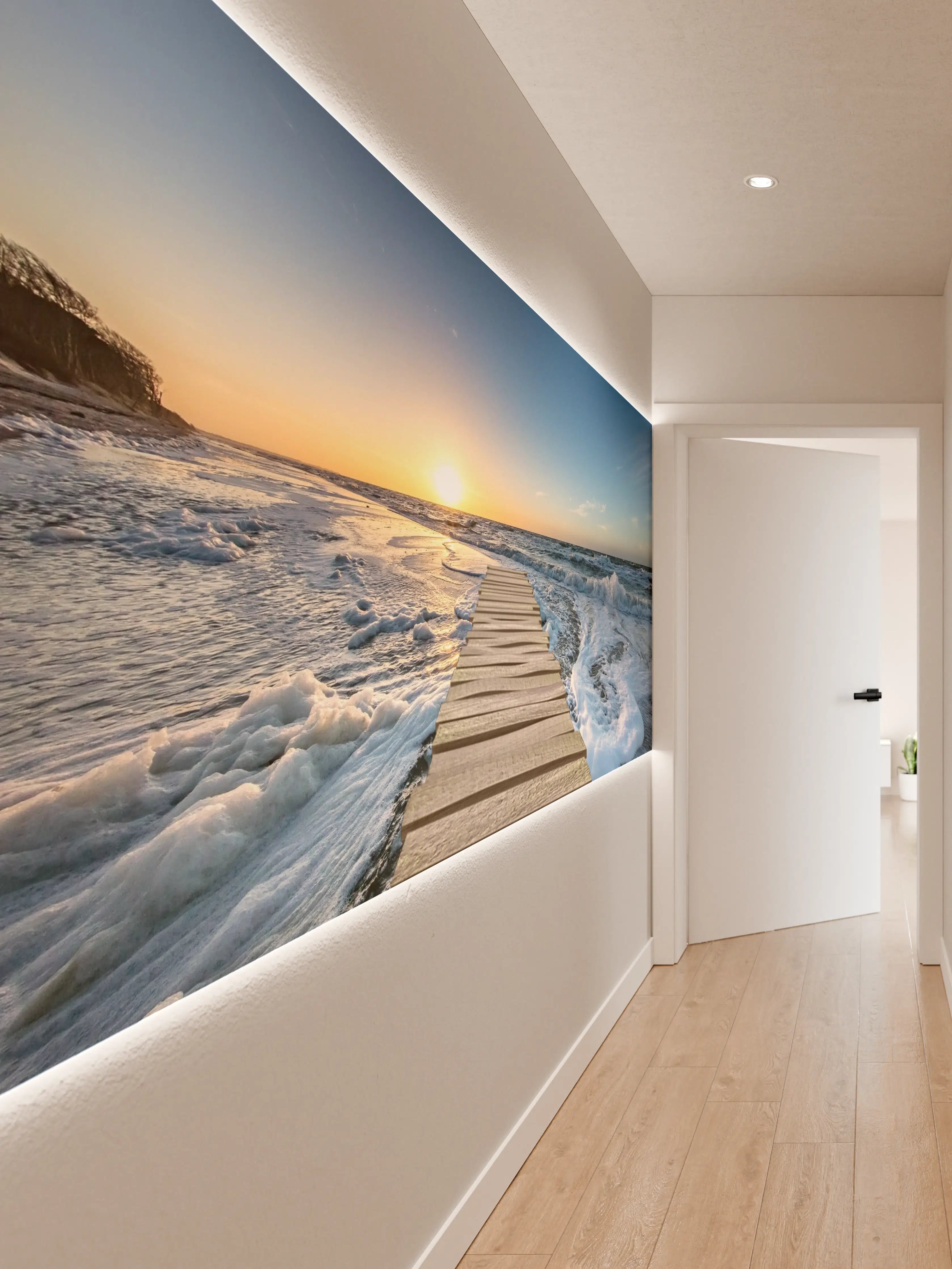 Wandverkleidung Flur - Sonnenuntergang am Meer mit Holzsteg