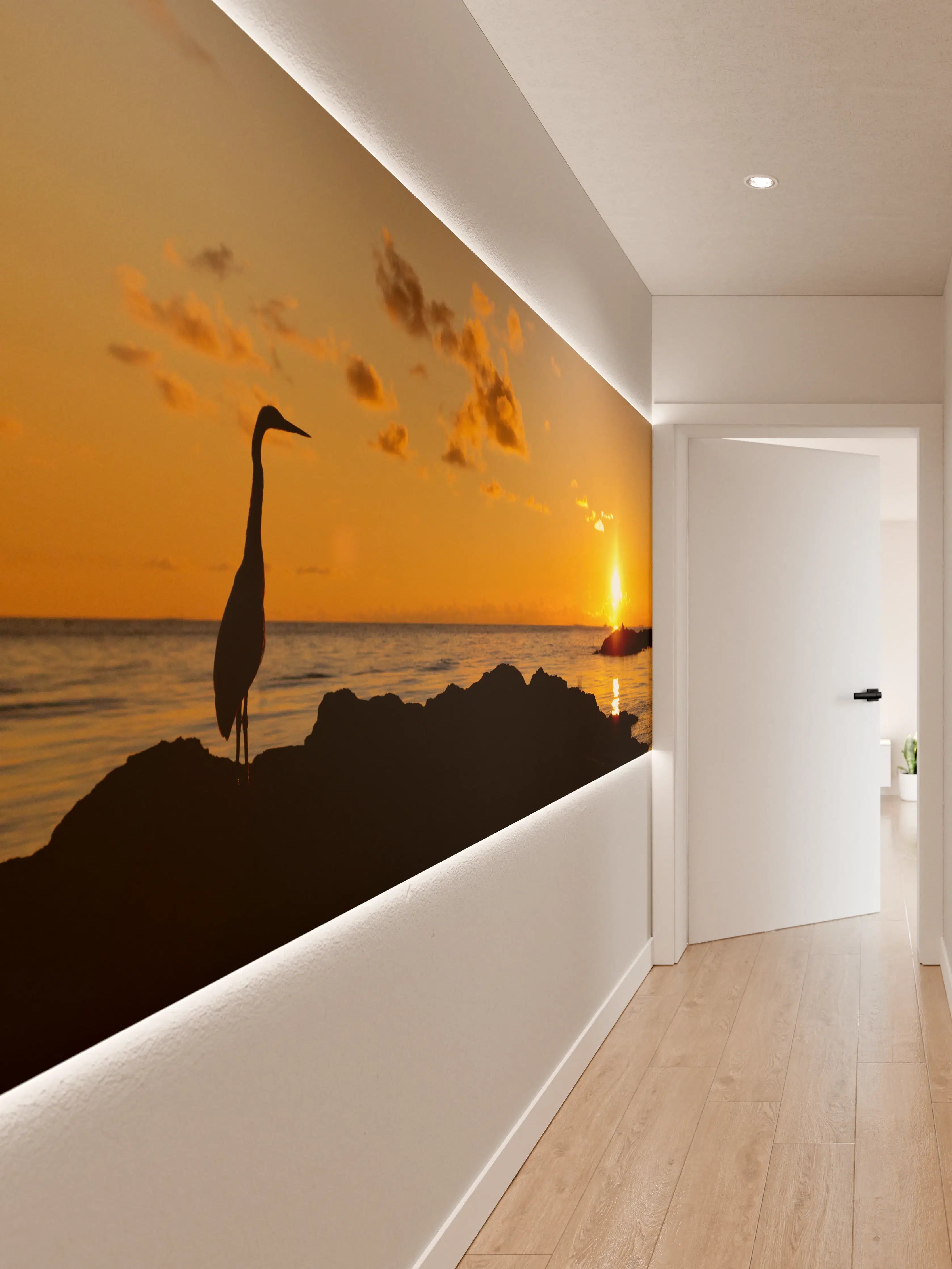 Wandverkleidung Flur - Sonnenuntergang am Meer mit Kranich