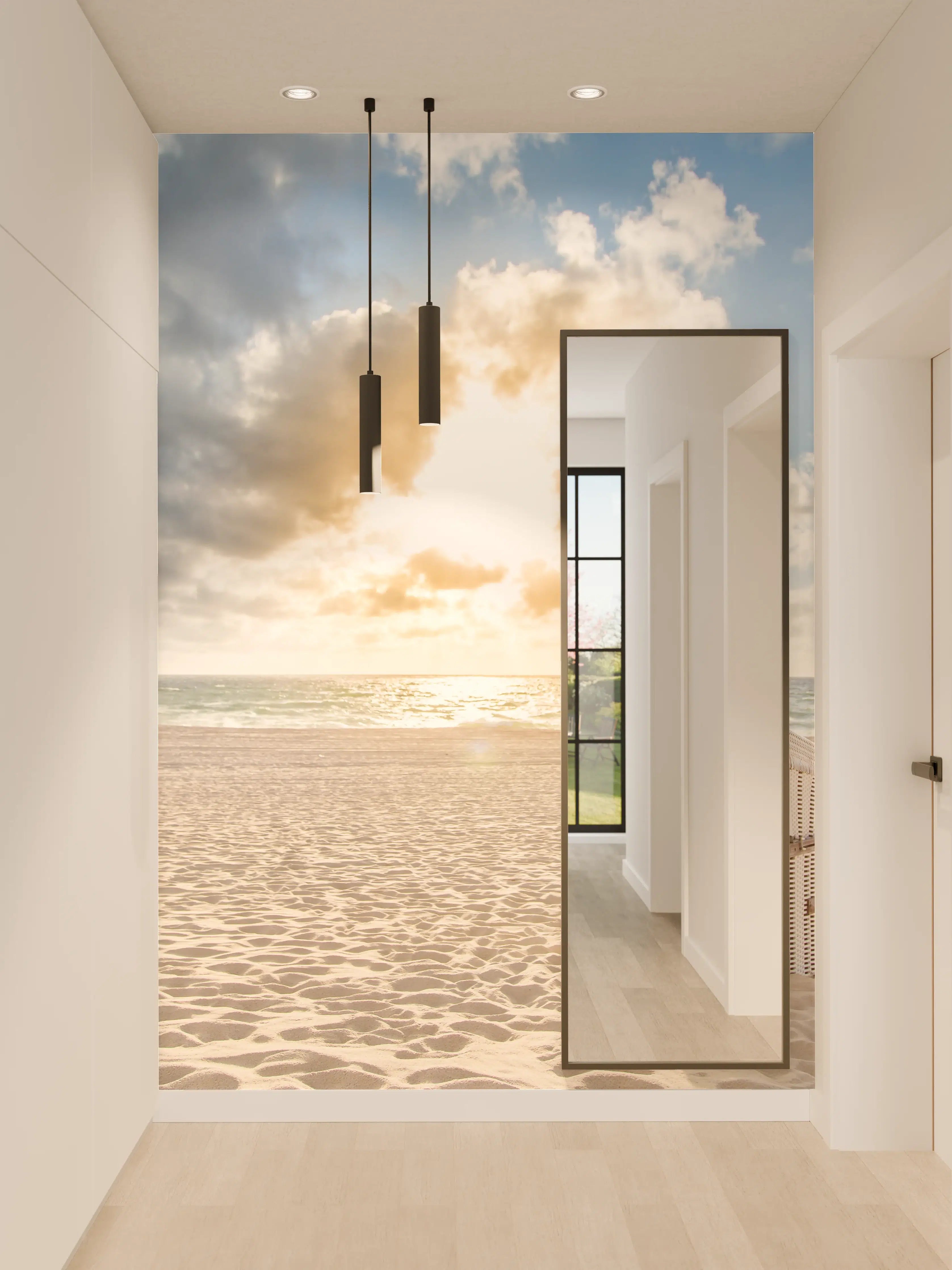 Wandverkleidung Flur - Sonnenuntergang am Strand mit Strandkorb