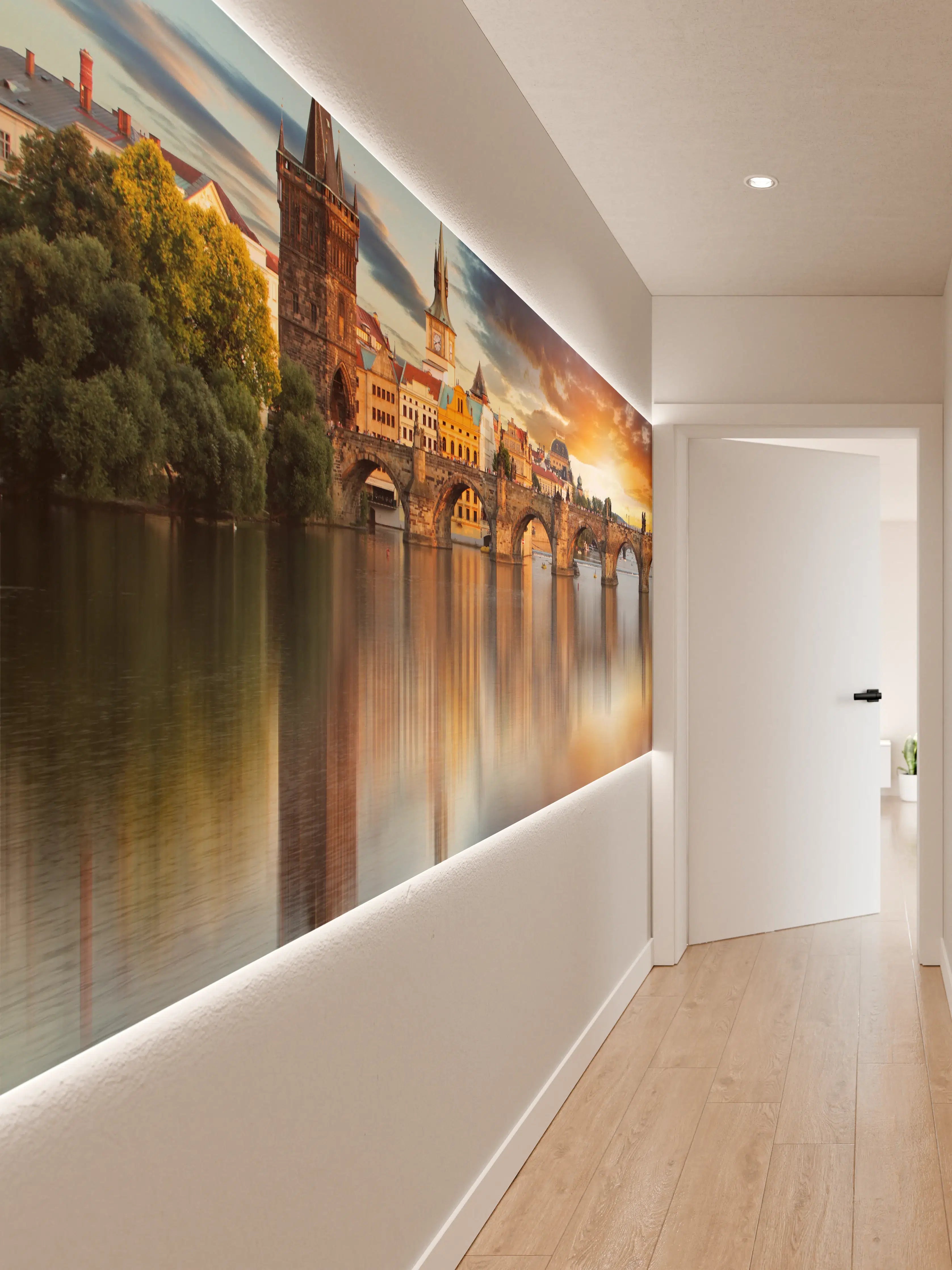 Wandverkleidung Flur - Sonnenuntergang über Prager Brücken in Grautönen