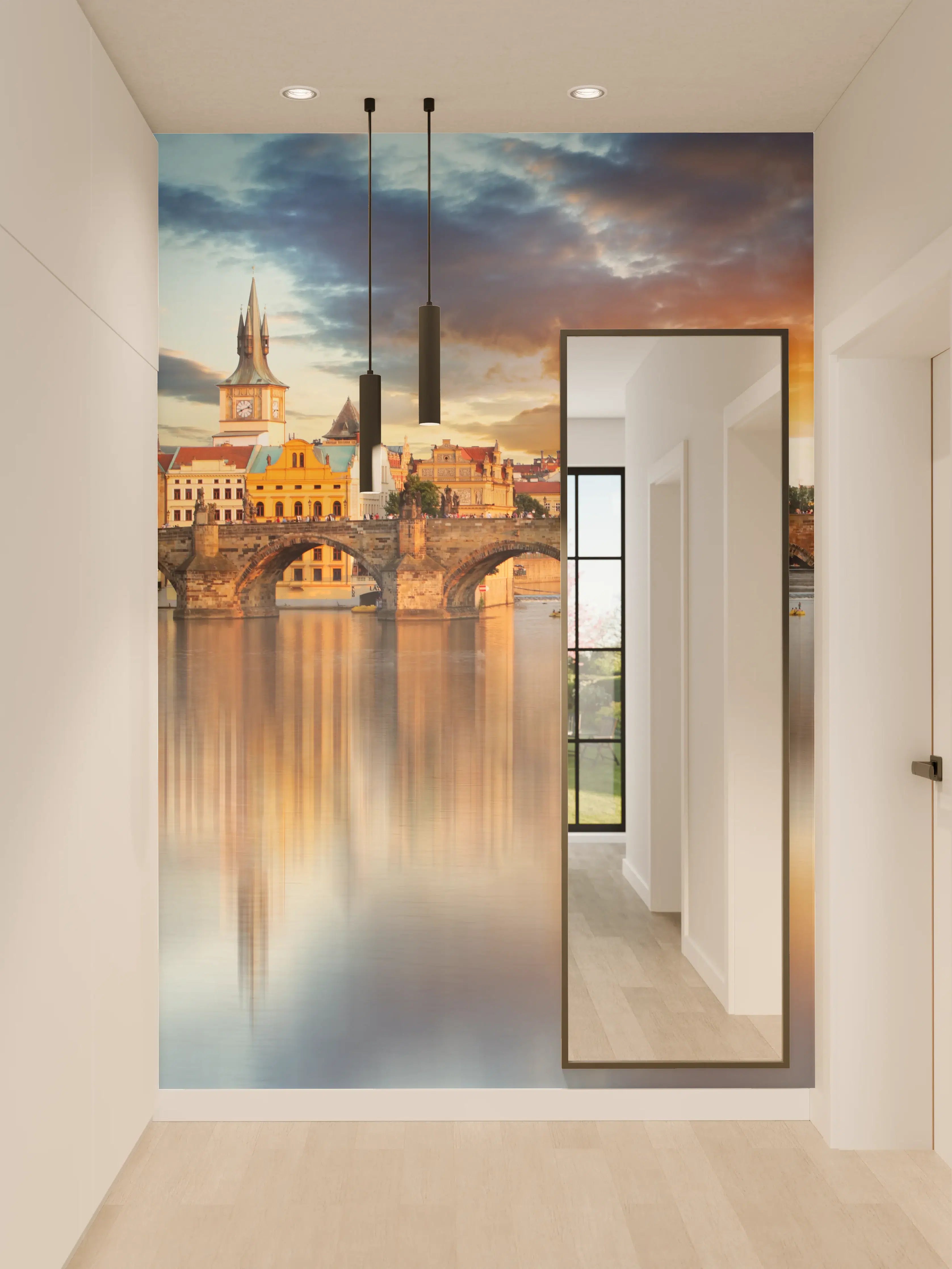 Wandverkleidung Flur - Sonnenuntergang über Prager Brücken in Grautönen
