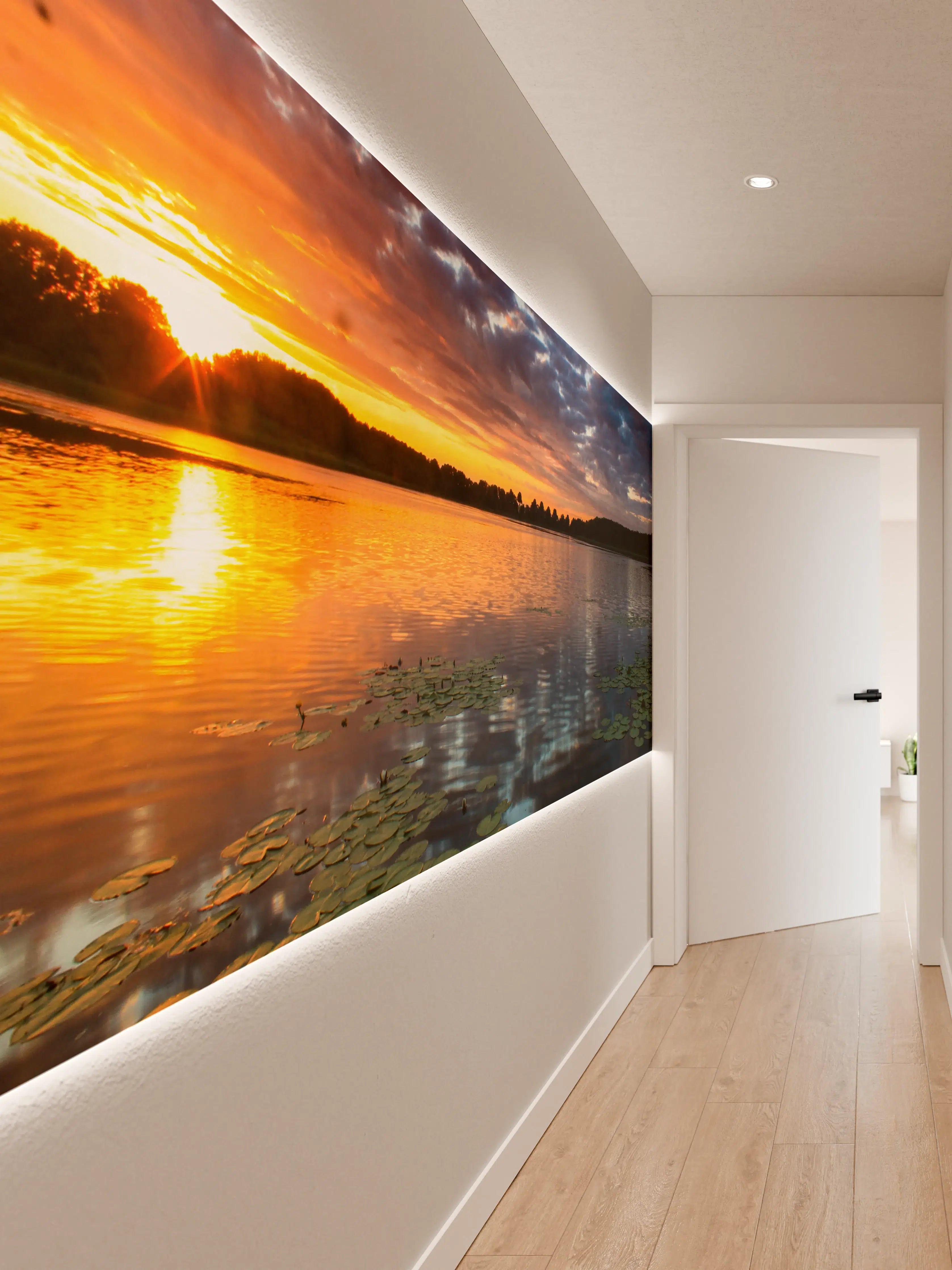 Wandverkleidung Flur - Sonnenuntergang über dem Wasser mit Seerosen