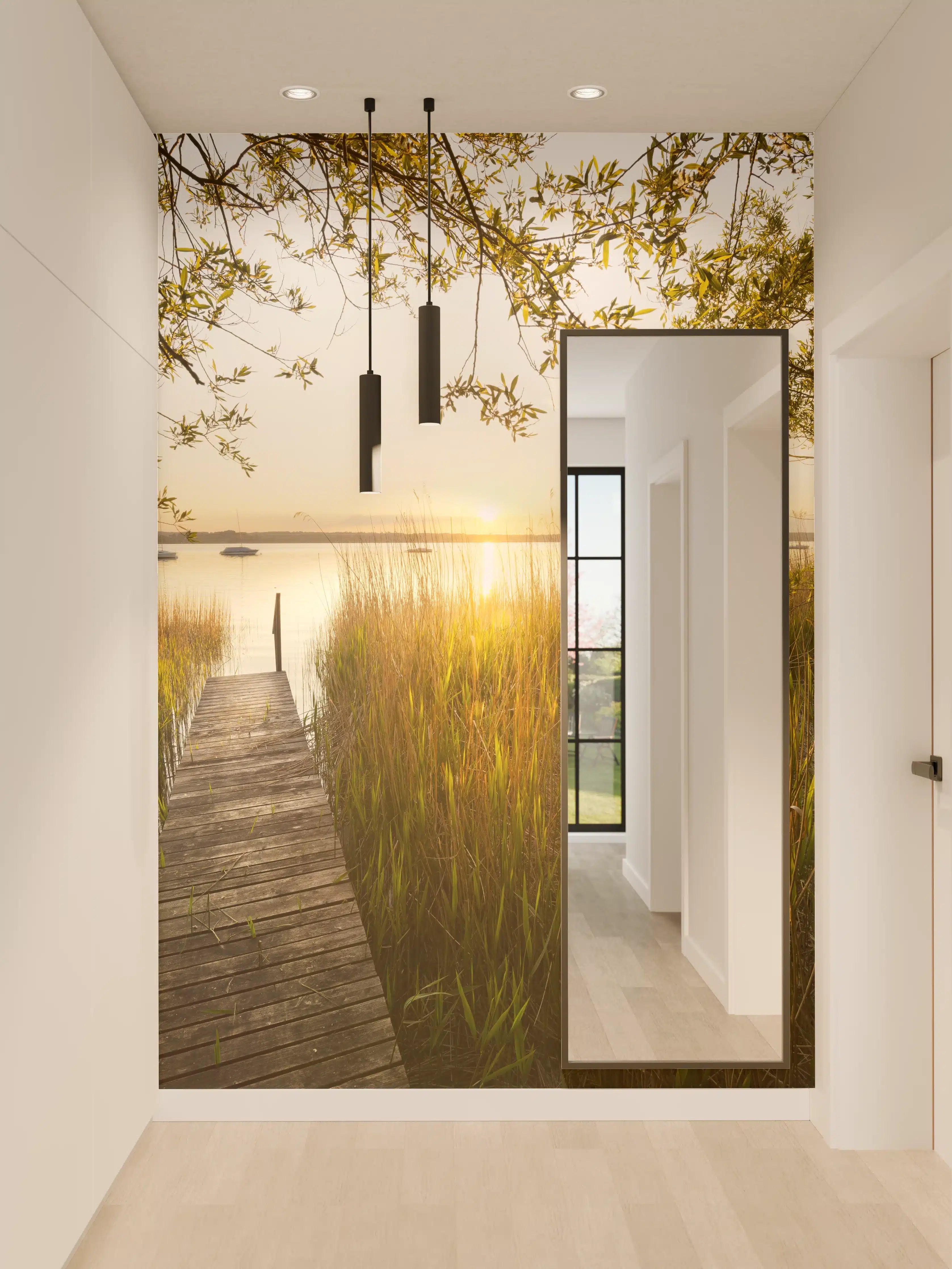 Wandverkleidung Flur - Sonnenuntergang über dem ruhigen See mit Steg
