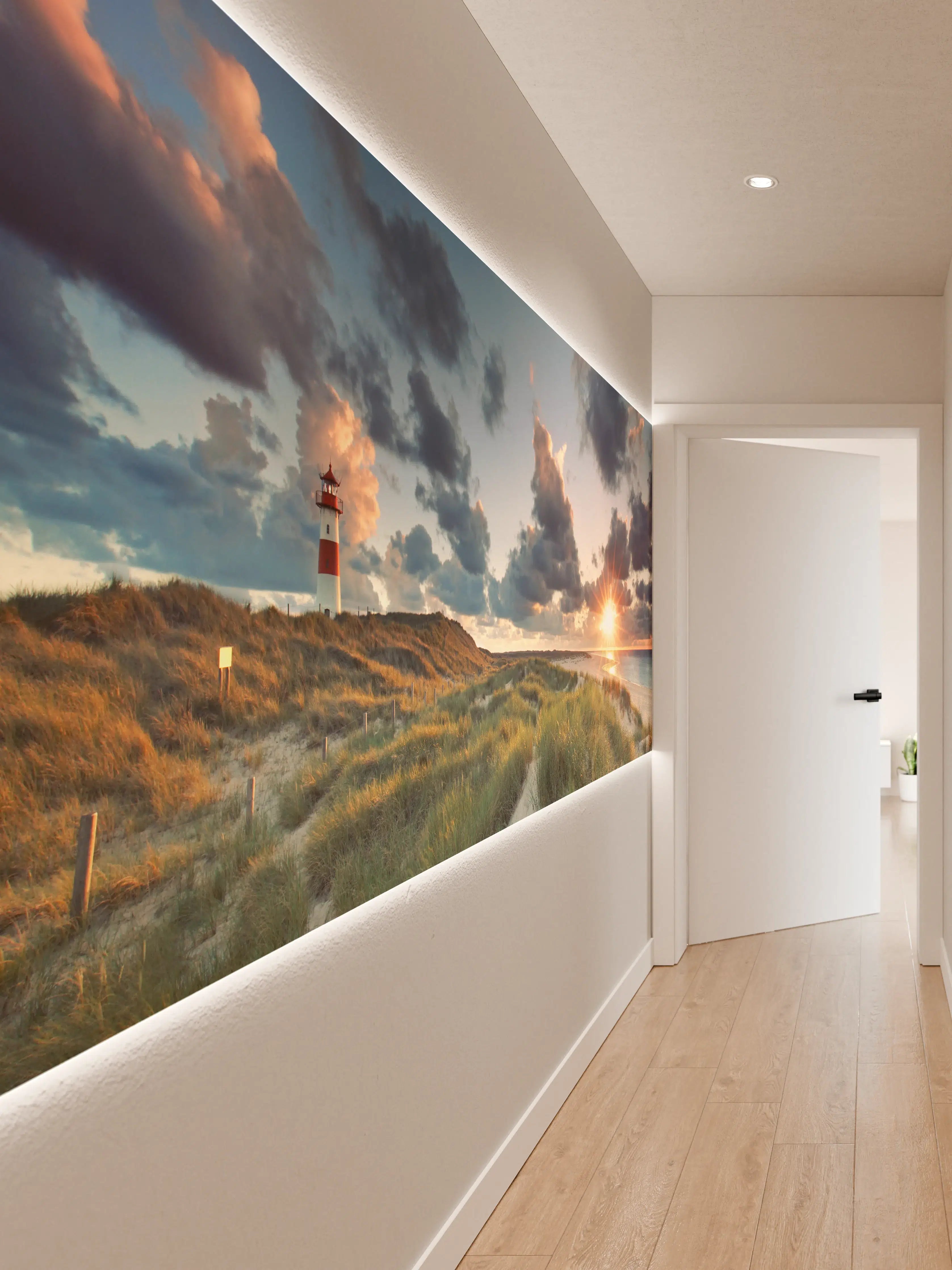 Wandverkleidung Flur - Sonnenuntergang über der Küstenlandschaft mit Leuchtturm