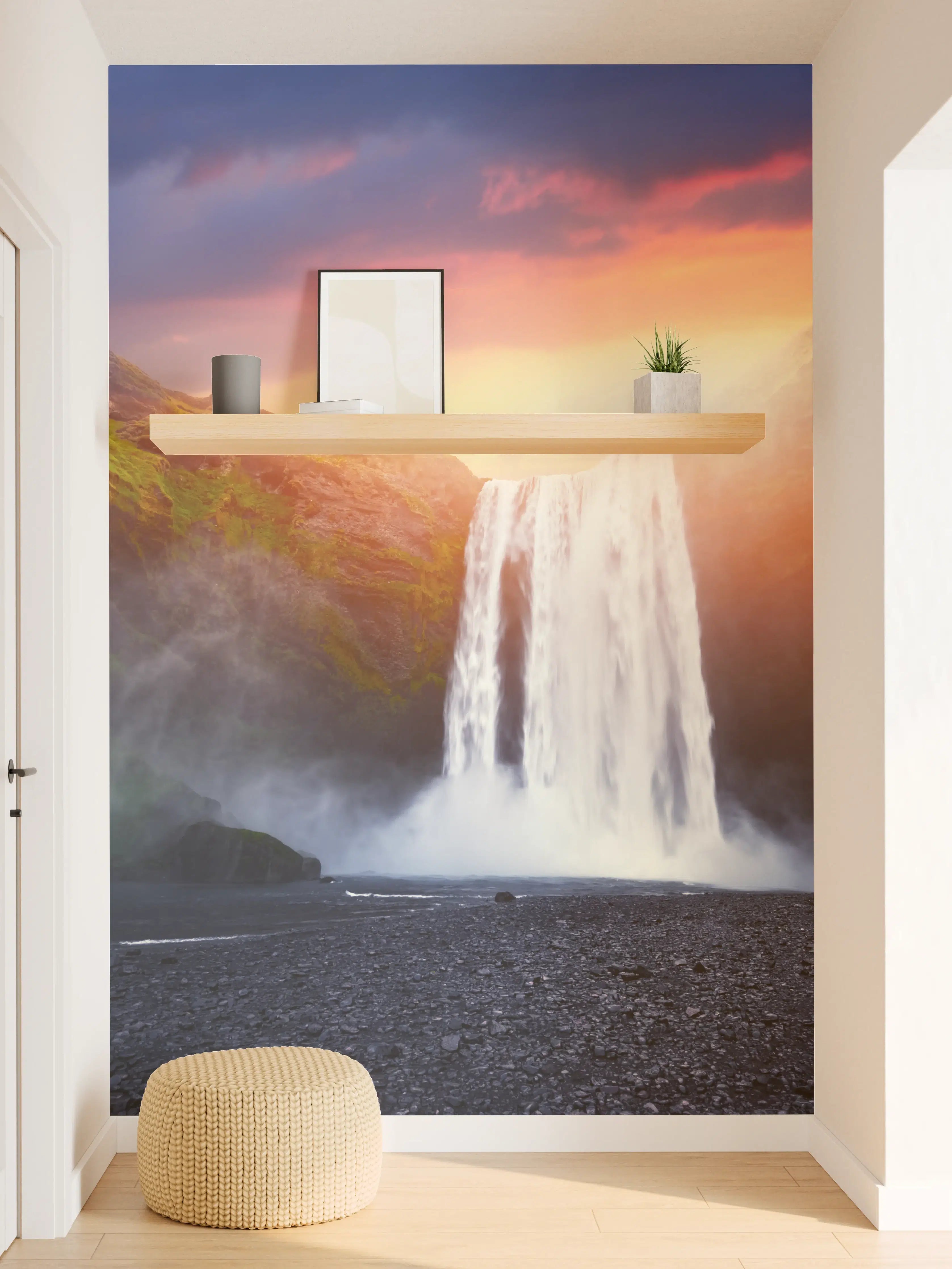 Wandverkleidung Flur - Spannende Wasserfall-Landschaft bei Sonnenuntergang