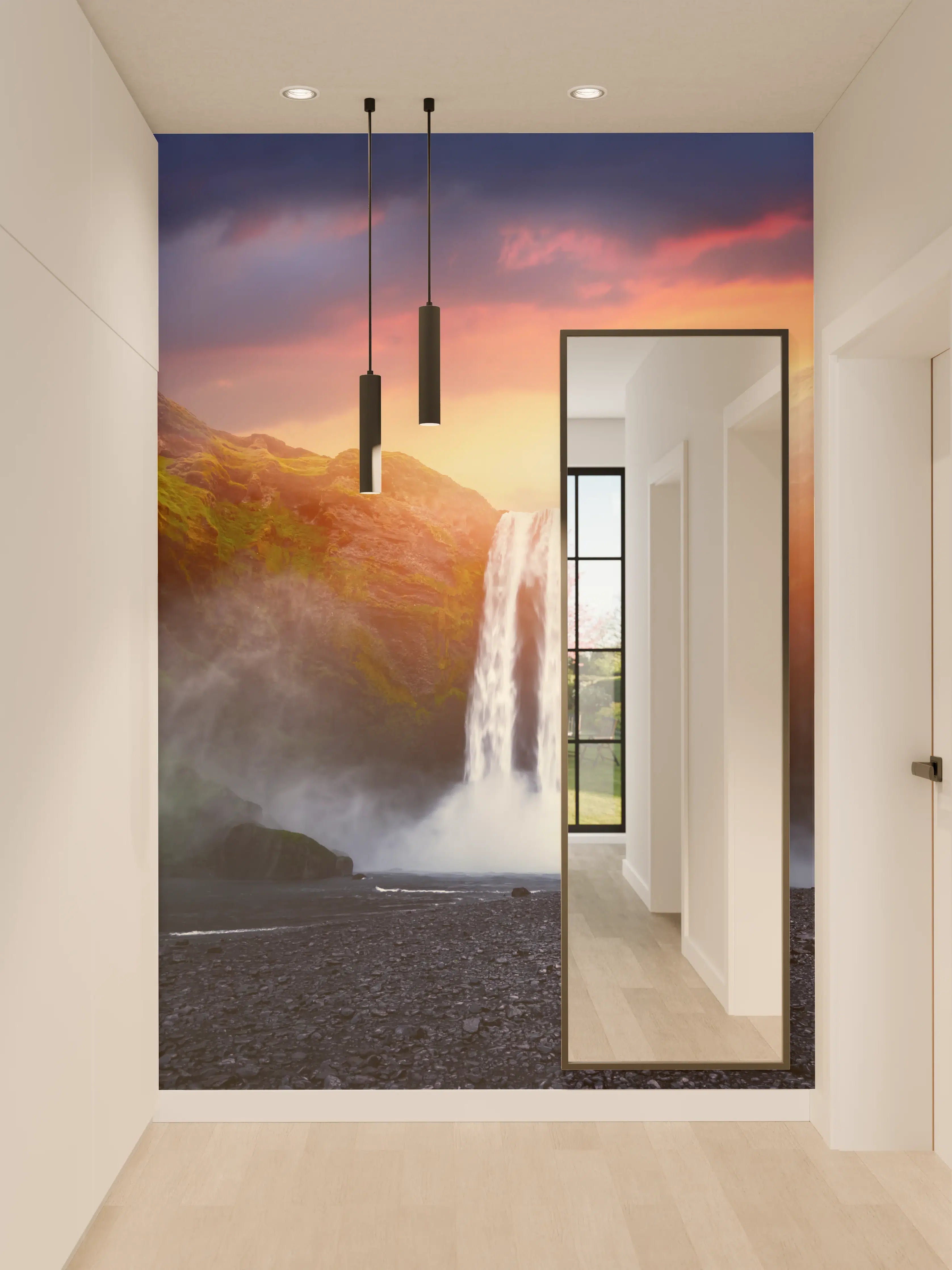 Wandverkleidung Flur - Spannende Wasserfall-Landschaft bei Sonnenuntergang