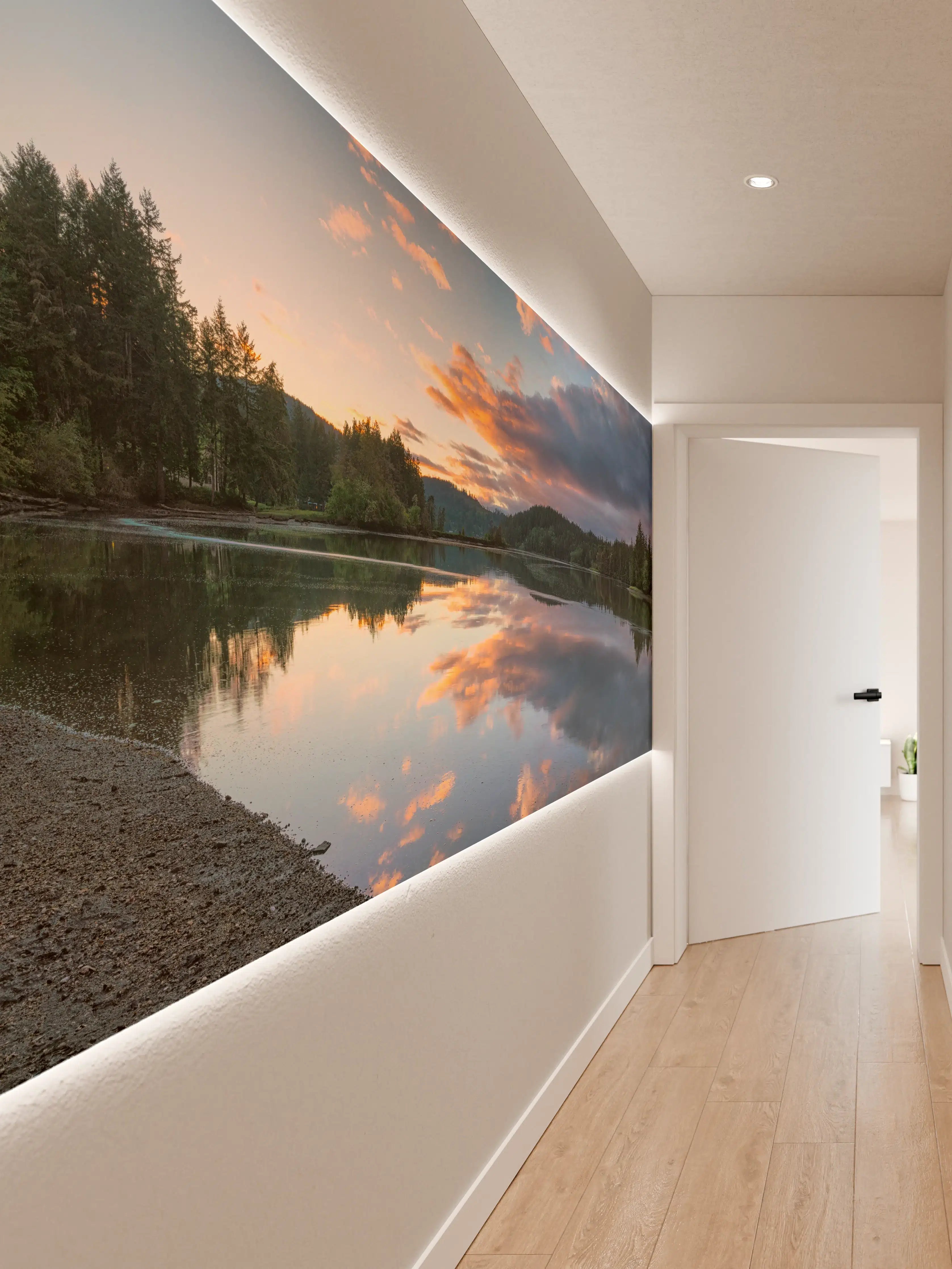 Wandverkleidung Flur - Spiegelnder See im Sonnenuntergang