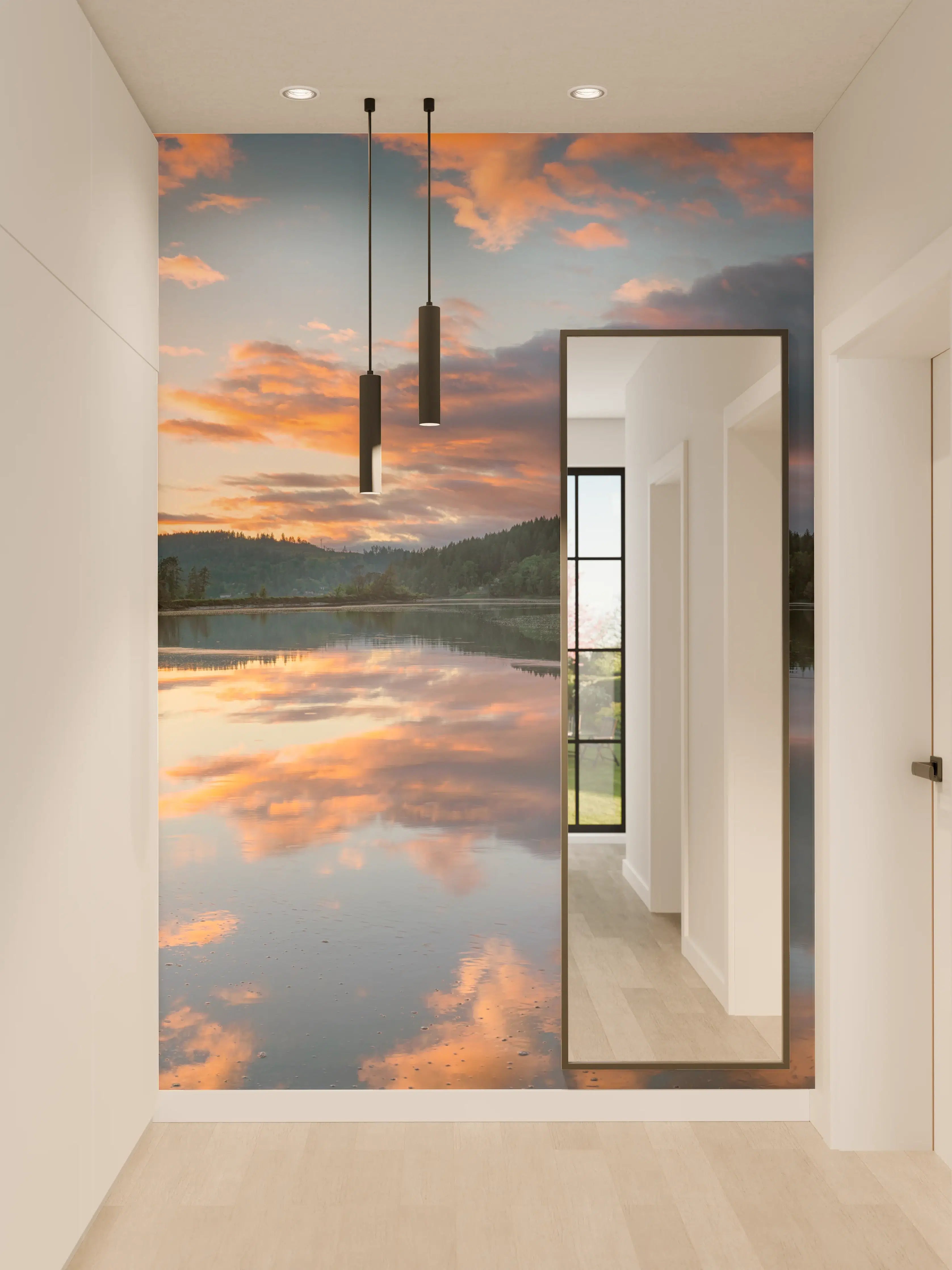 Wandverkleidung Flur - Spiegelnder See im Sonnenuntergang