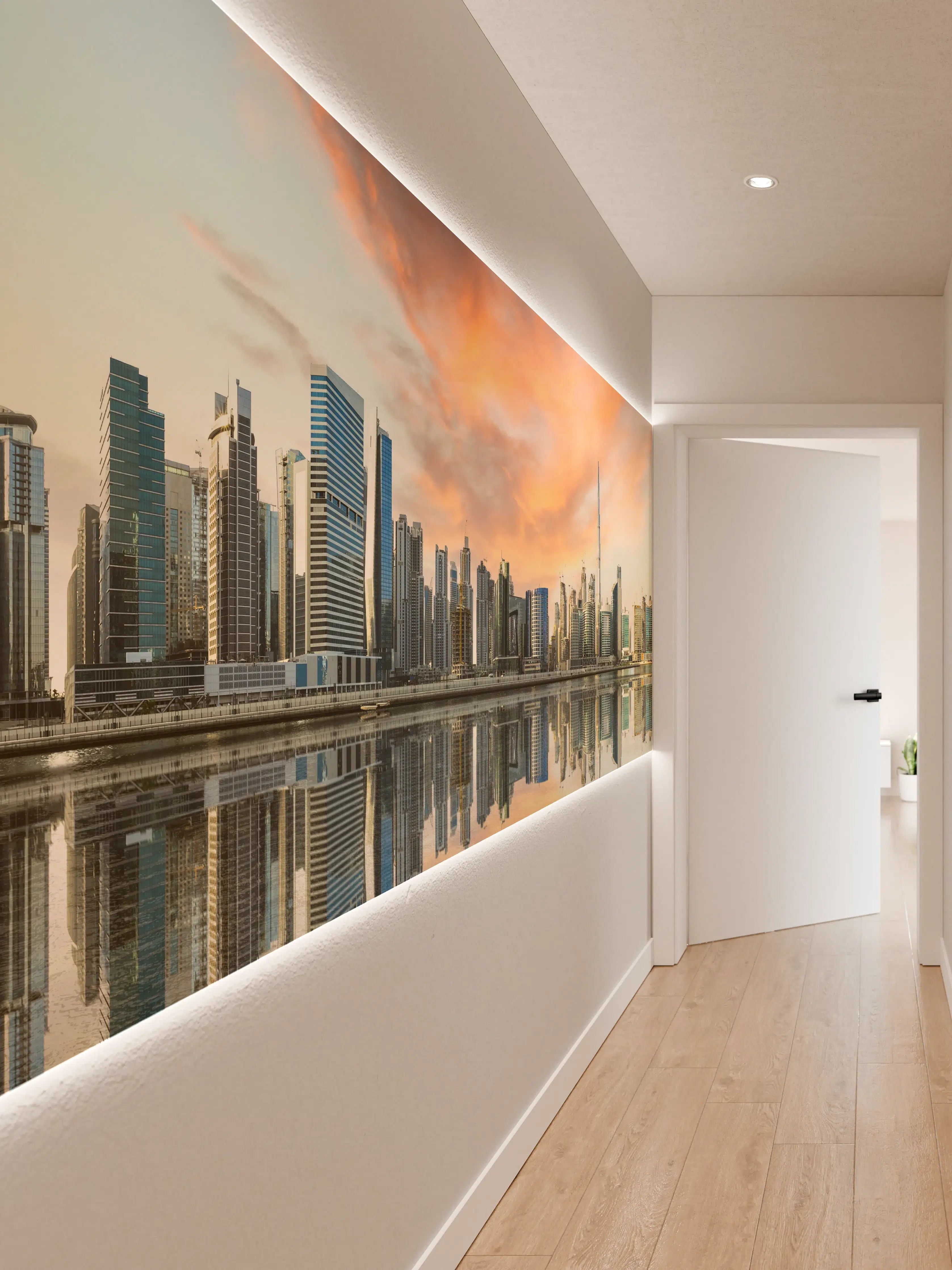 Wandverkleidung Flur - Stadt-Skyline im Abendrot