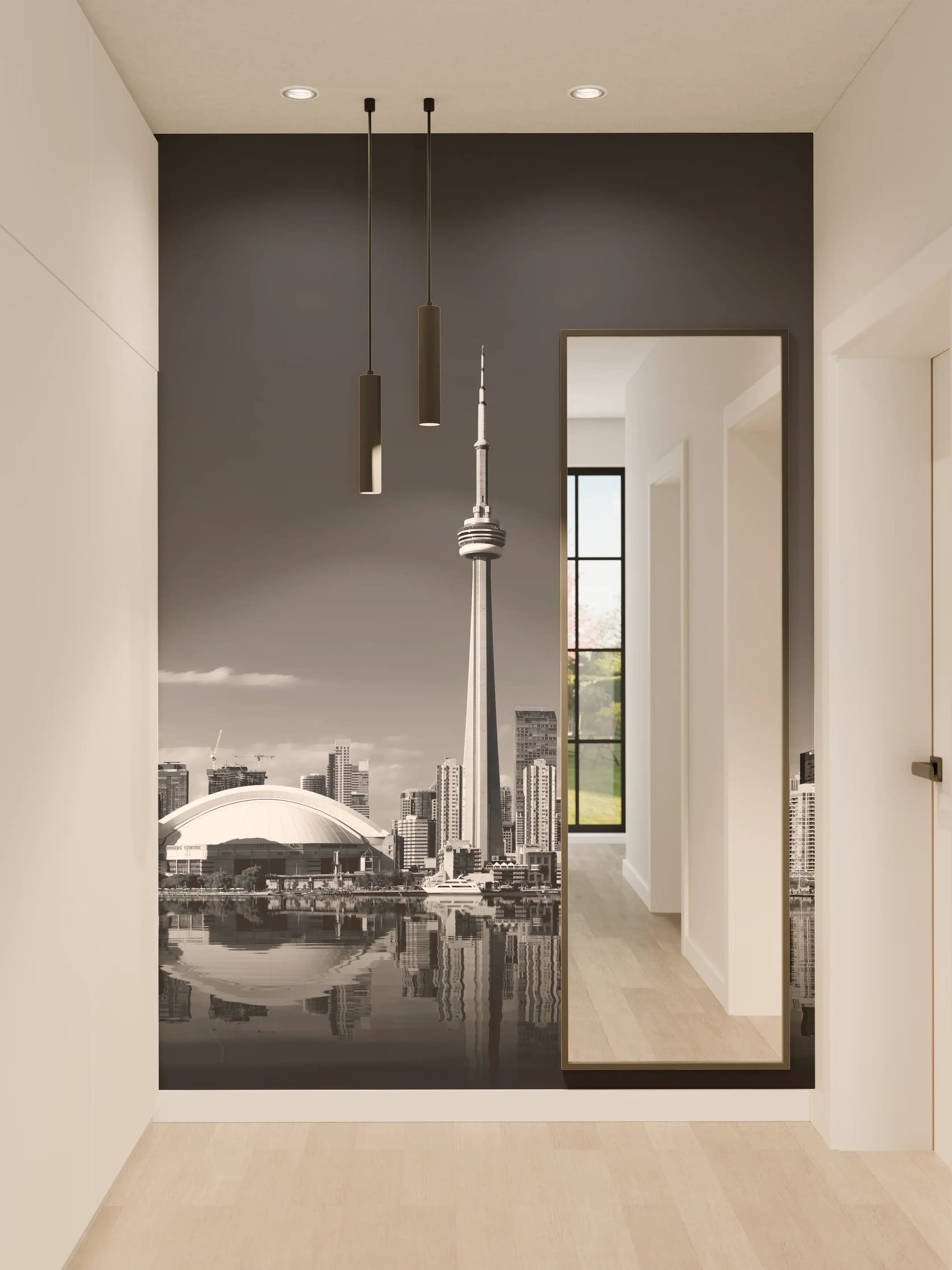 Wandverkleidung Flur - Stadtbild Toronto im Schwarz-Weiß-Design
