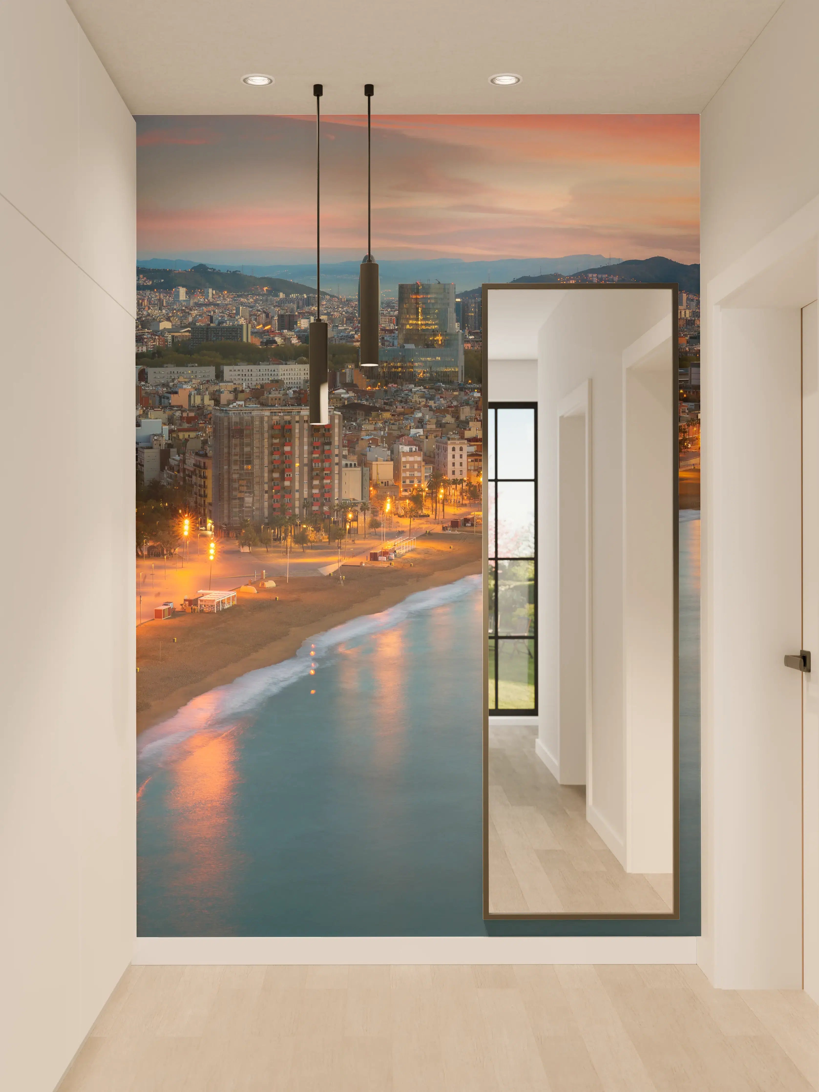 Wandverkleidung Flur - Stadtlichter am Meer bei Sonnenuntergang