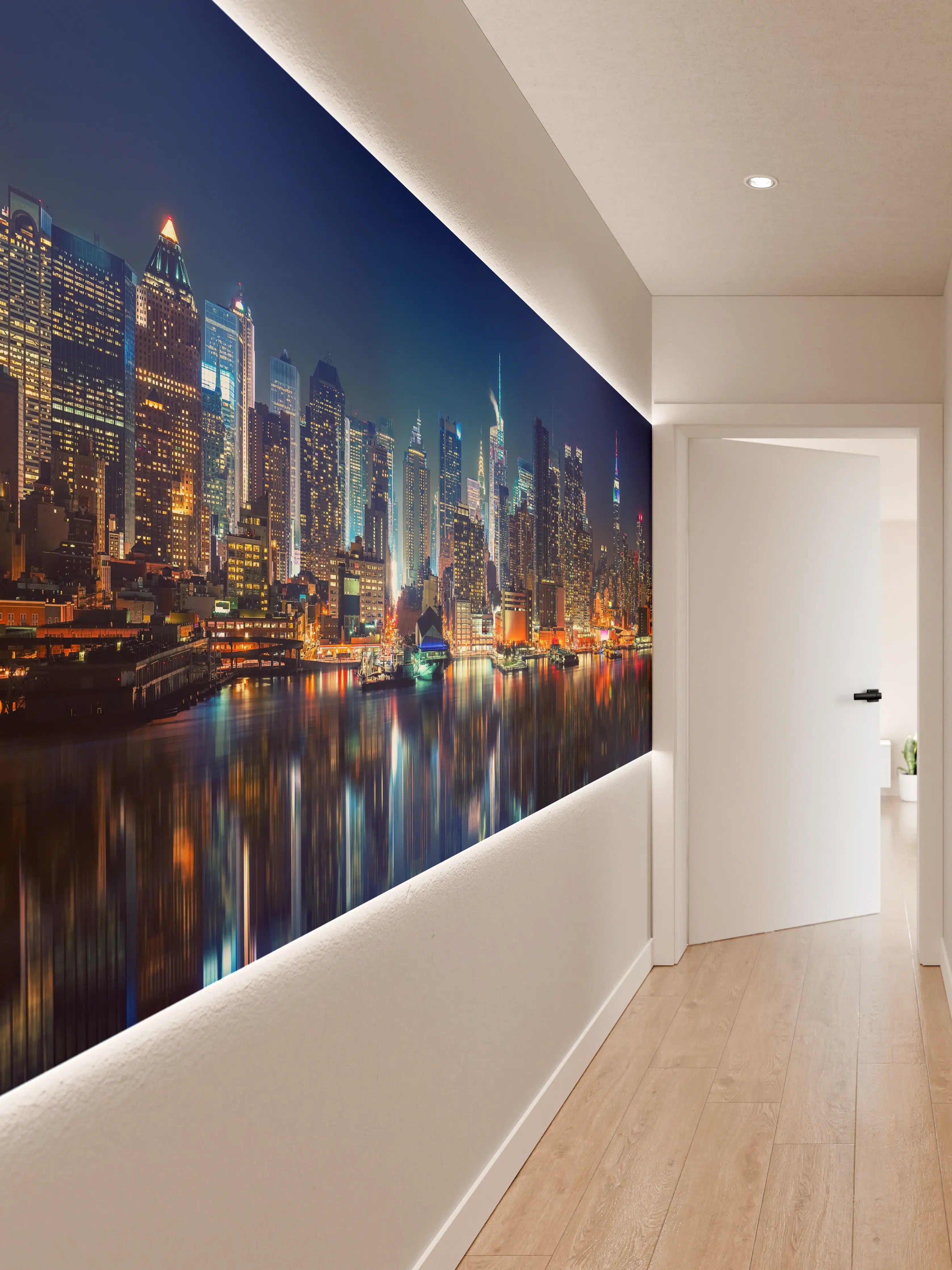 Wandverkleidung Flur - Stadtnacht am Hudson River mit Skyline bei Nacht