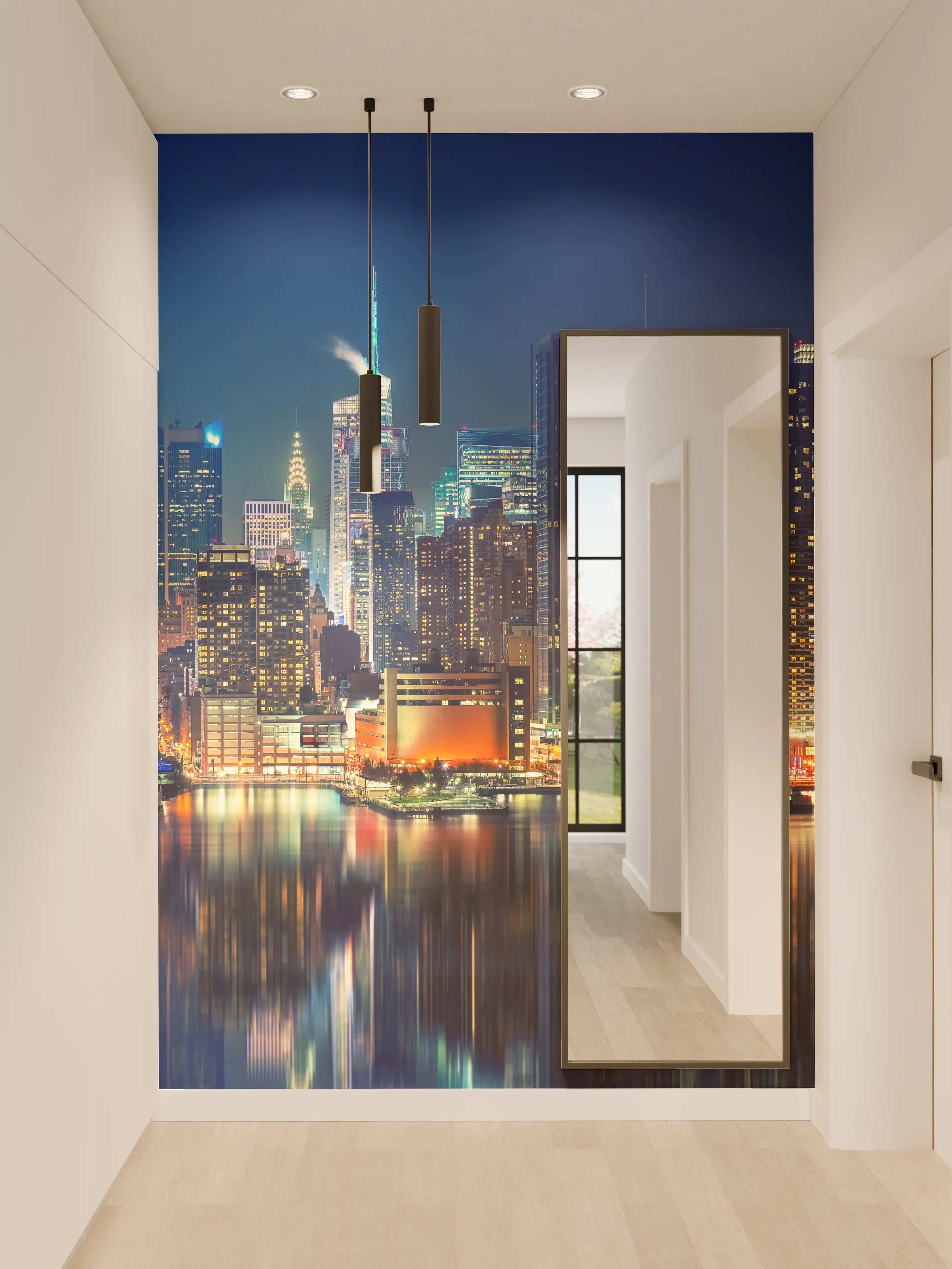 Wandverkleidung Flur - Stadtnacht am Hudson River mit Skyline bei Nacht