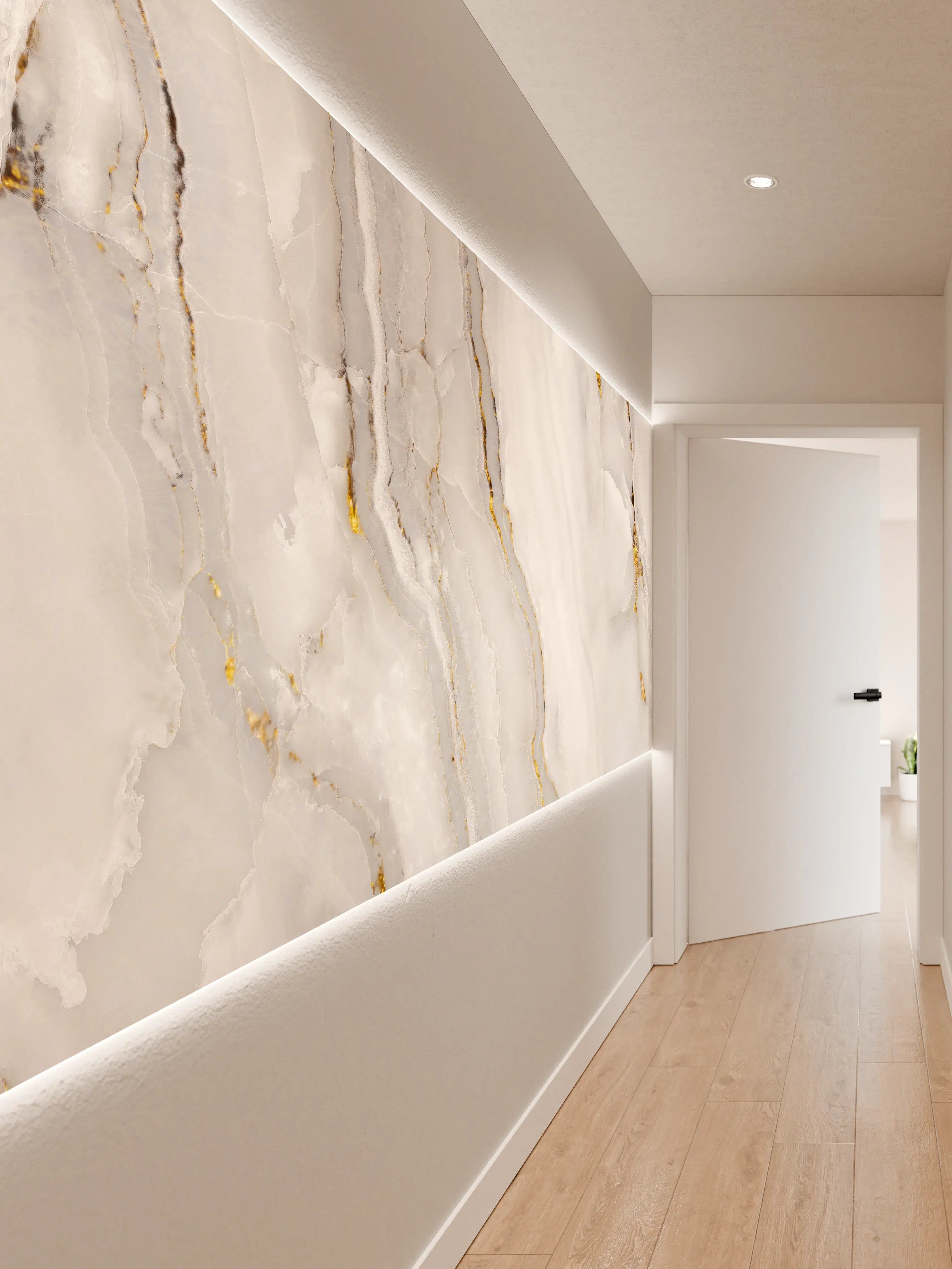Wandverkleidung Flur - Statuario Marmor mit goldenen Akzenten
