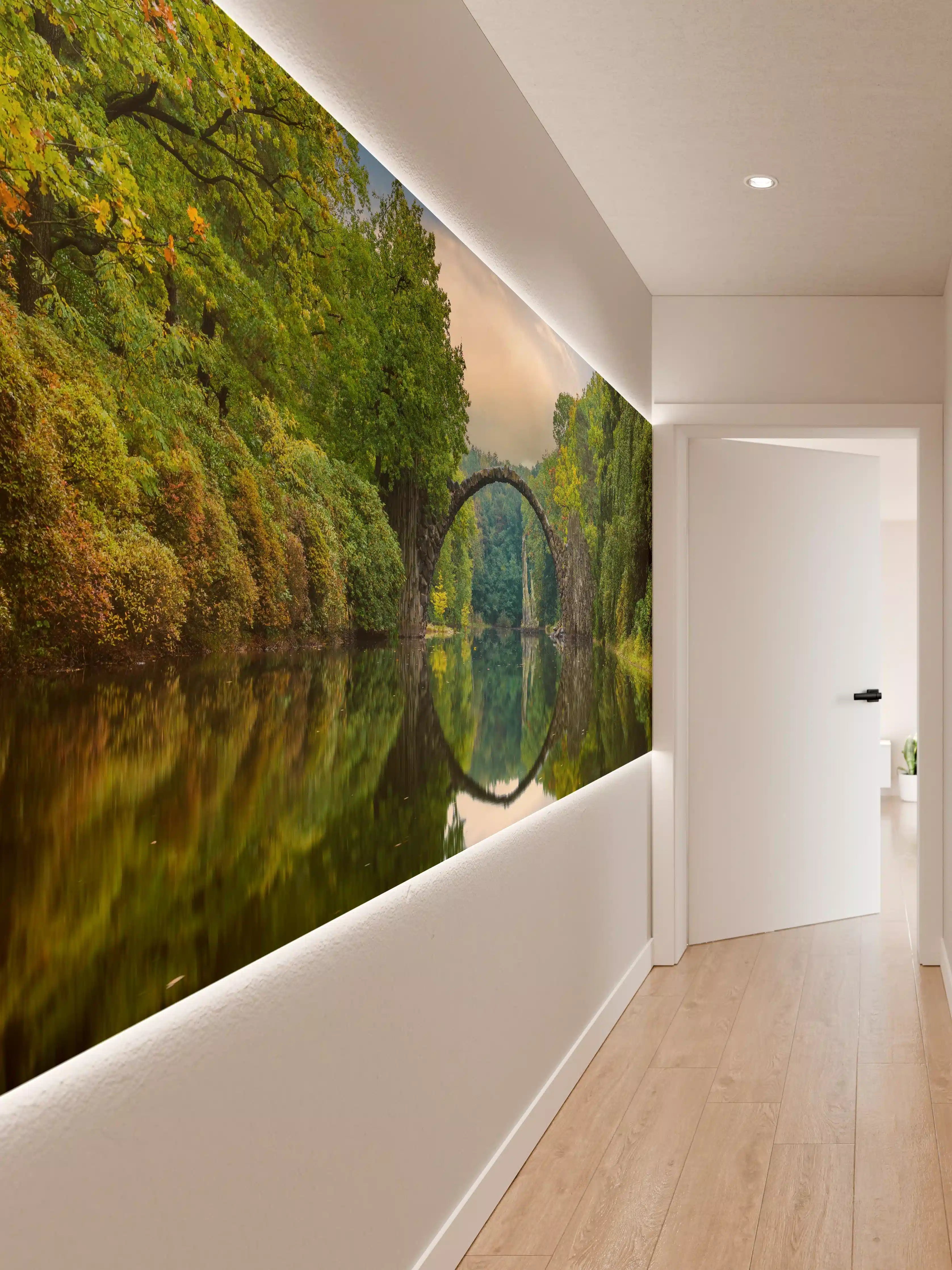 Wandverkleidung Flur - Steinbrücke über Fluss im Wald