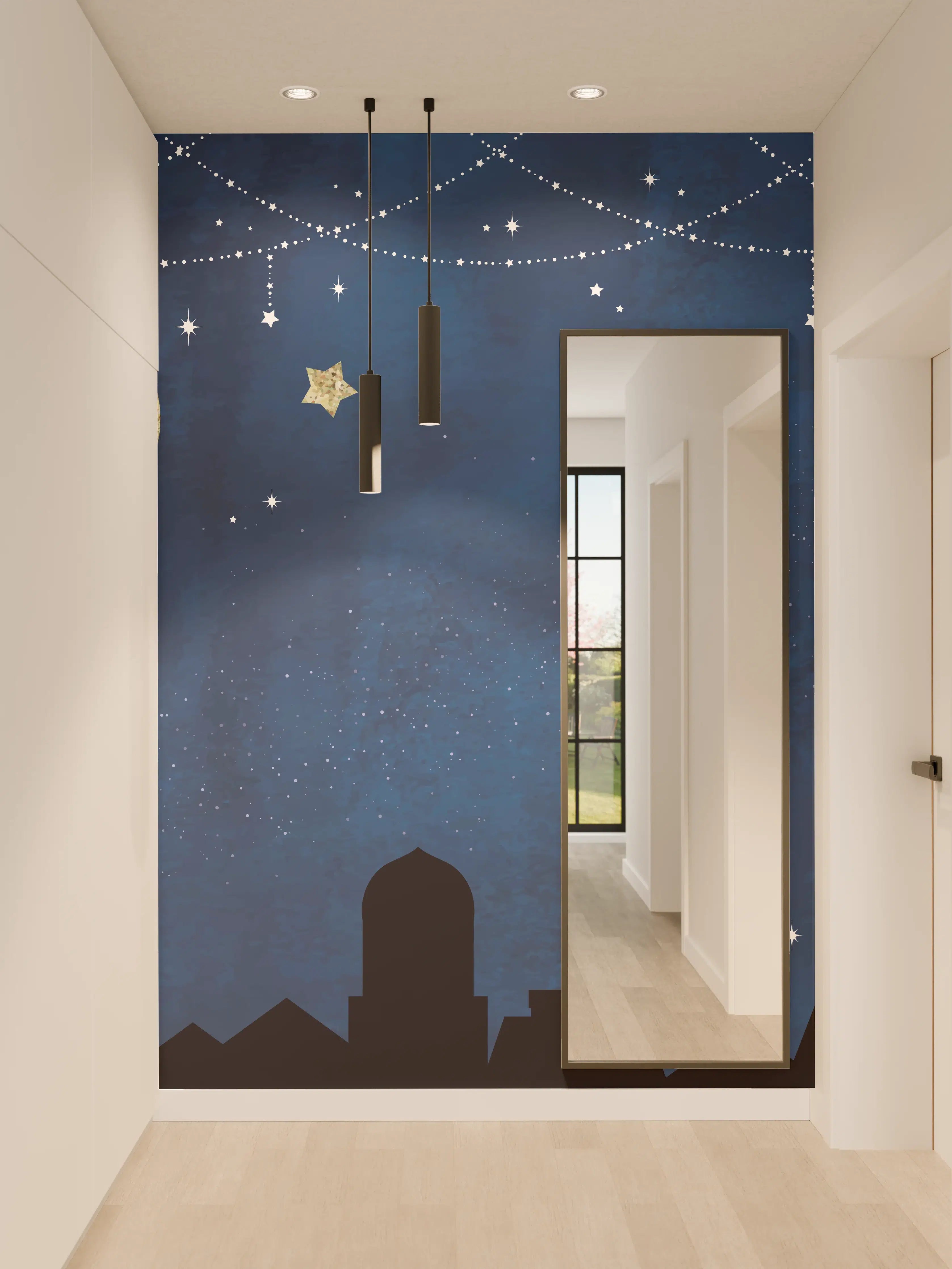 Wandverkleidung Flur - Sternennacht Katzen Silhouette