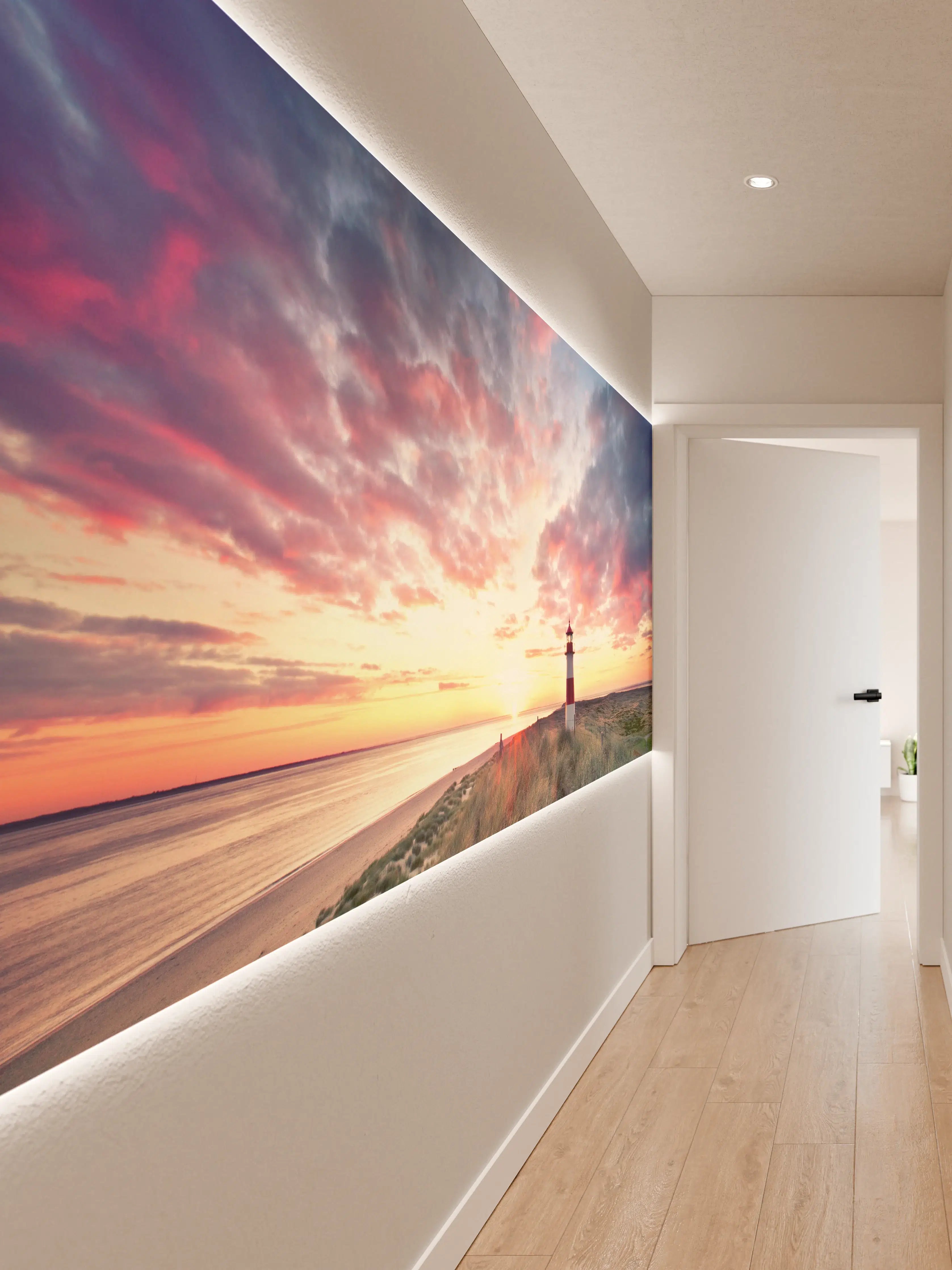 Wandverkleidung Flur - Stimmungsvoller Sonnenuntergang am Leuchtturm