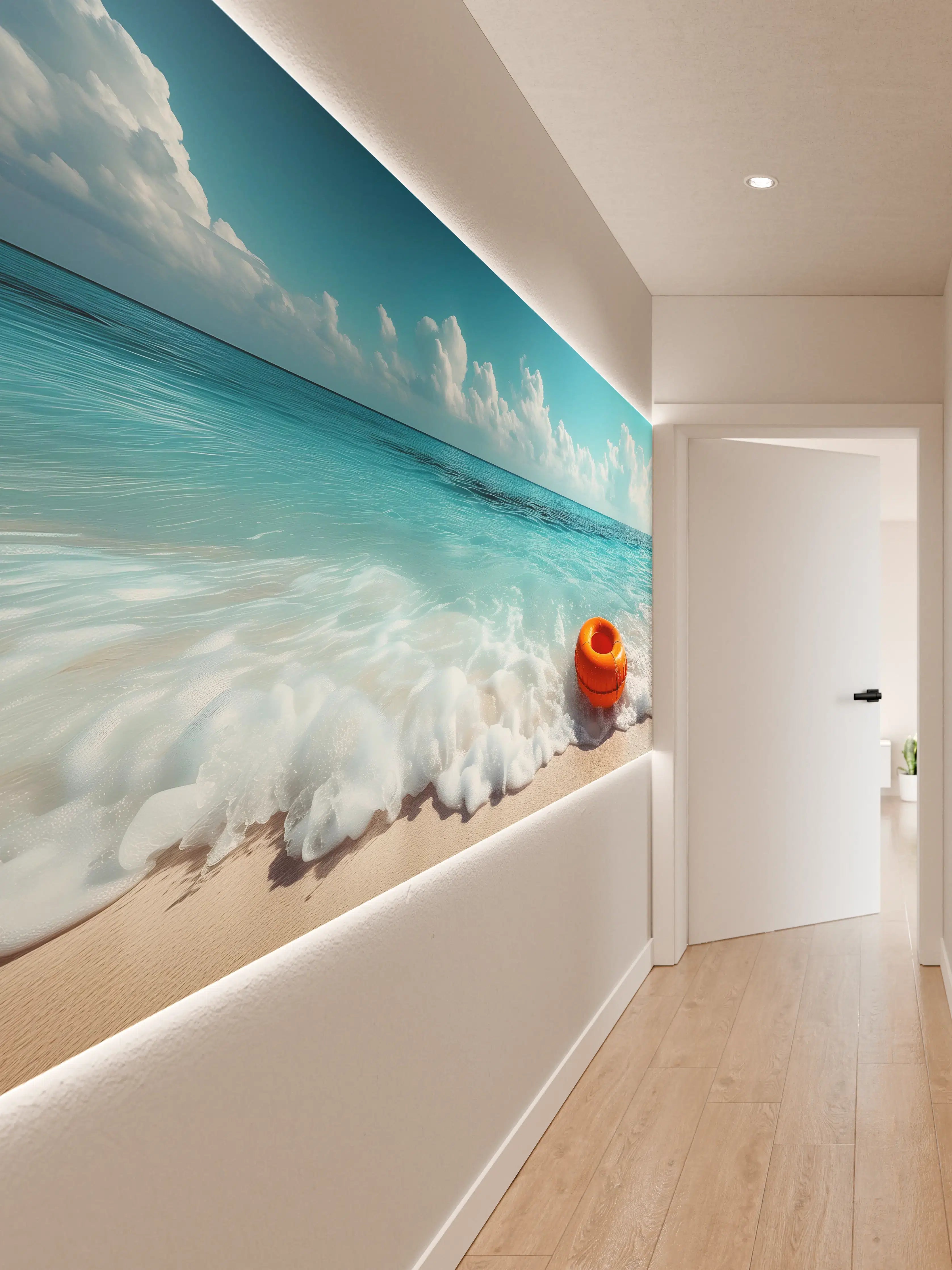 Wandverkleidung Flur - Strand mit orangefarbener Schwimmringe