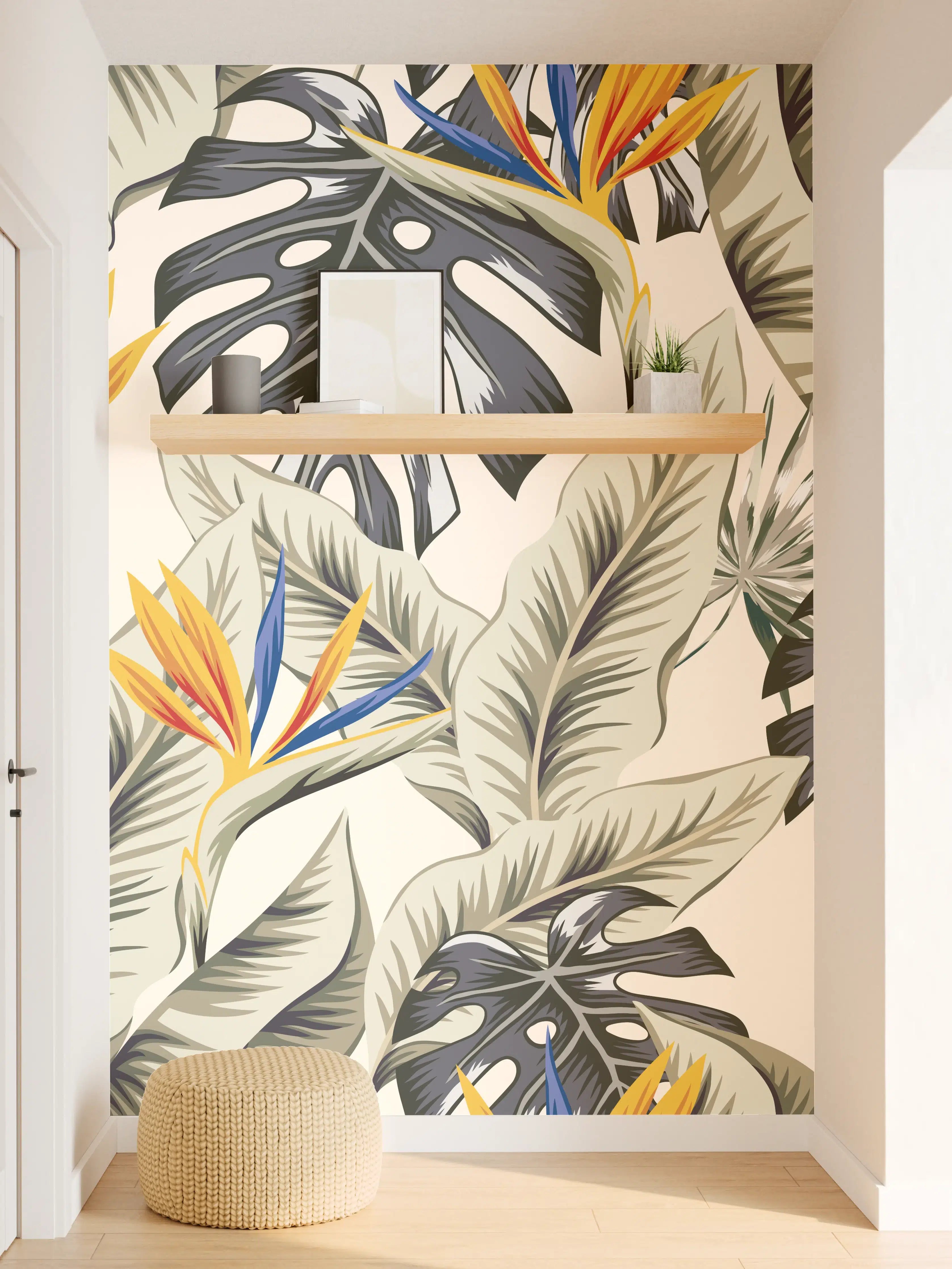 Wandverkleidung Flur - Strelitzia Tropenblätter Beige-Orange