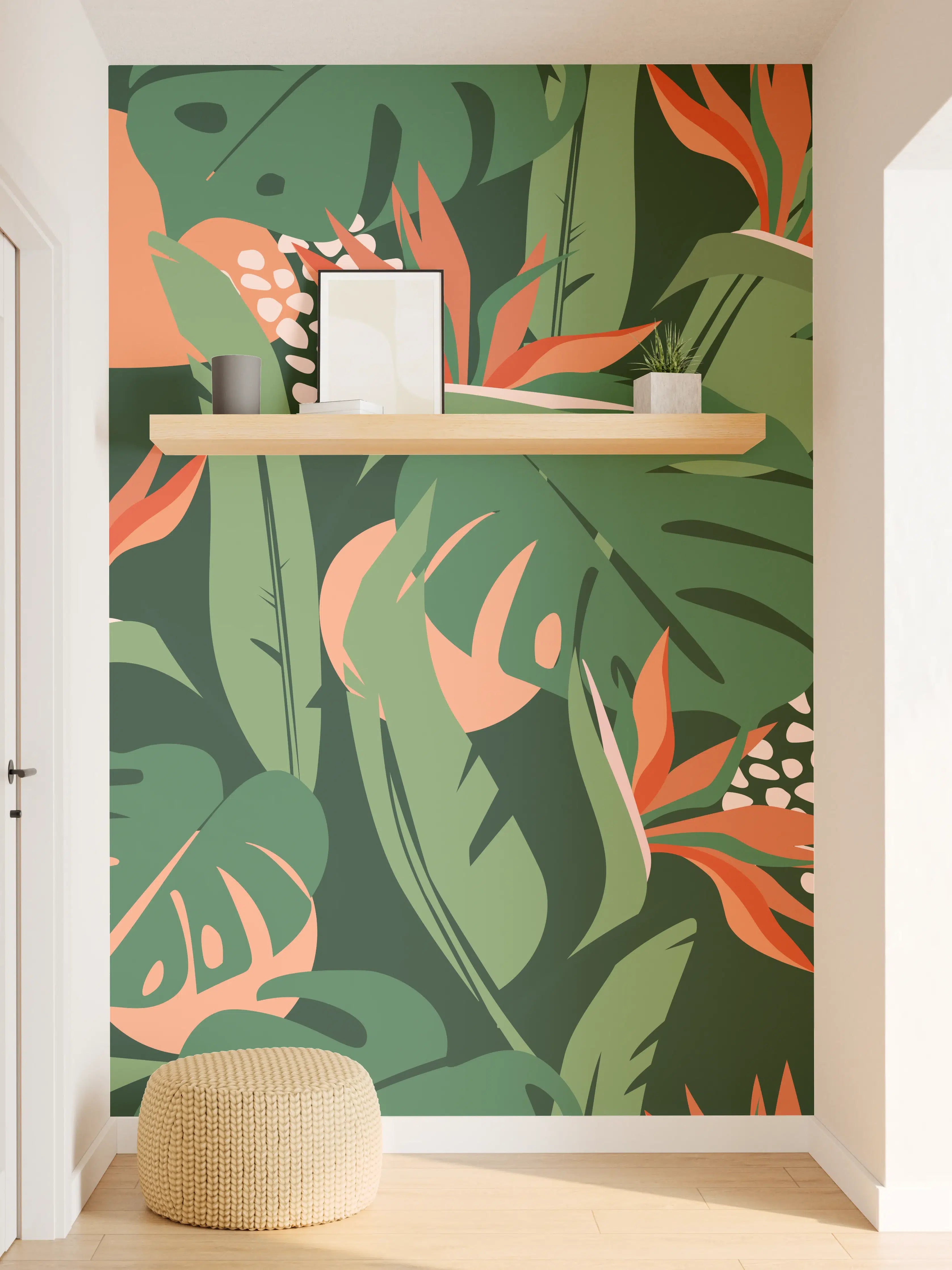 Wandverkleidung Flur - Strelitzia Tropenblatt Grün-Orange