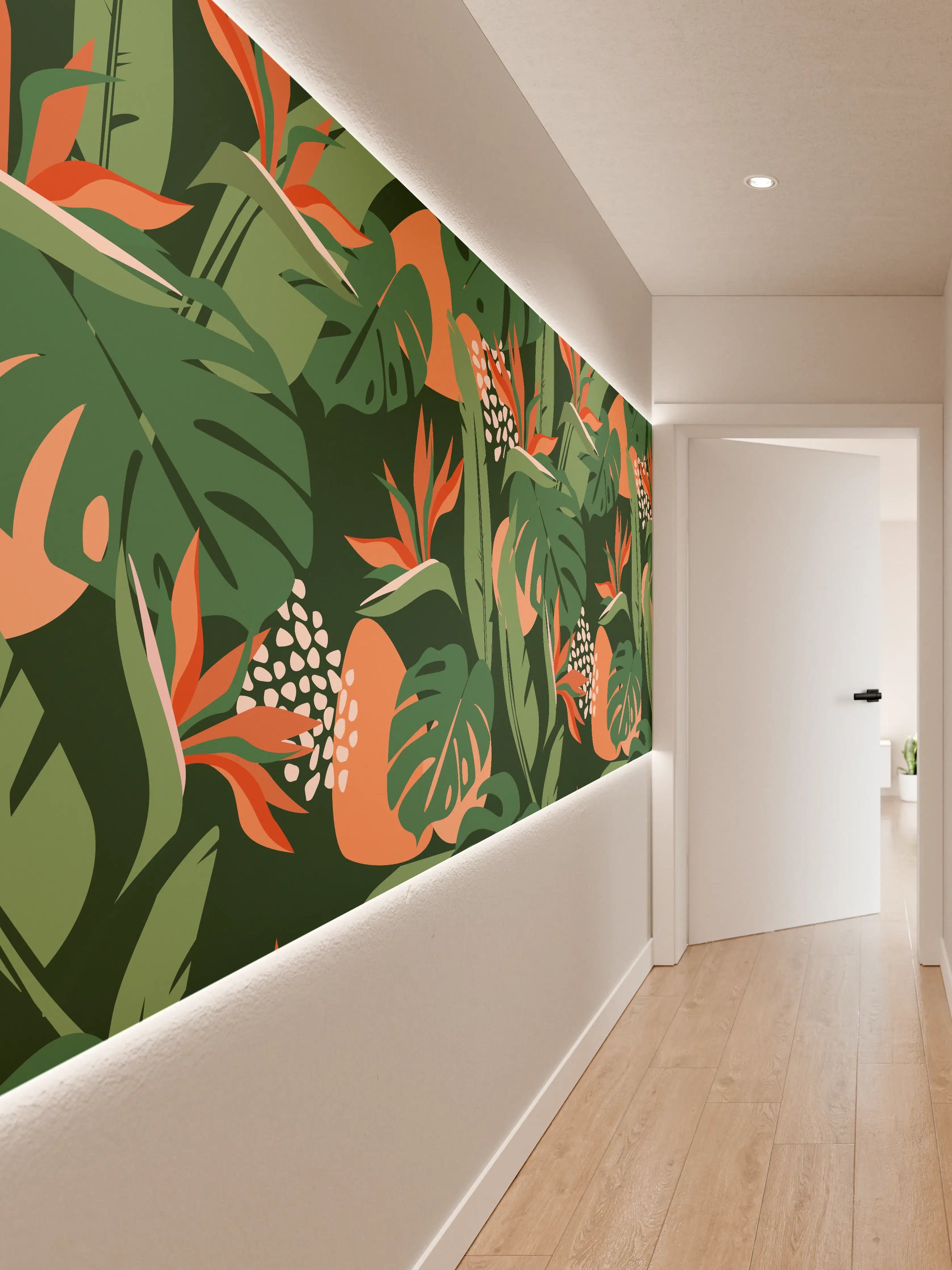 Wandverkleidung Flur - Strelitzia Tropenblatt Grün-Orange