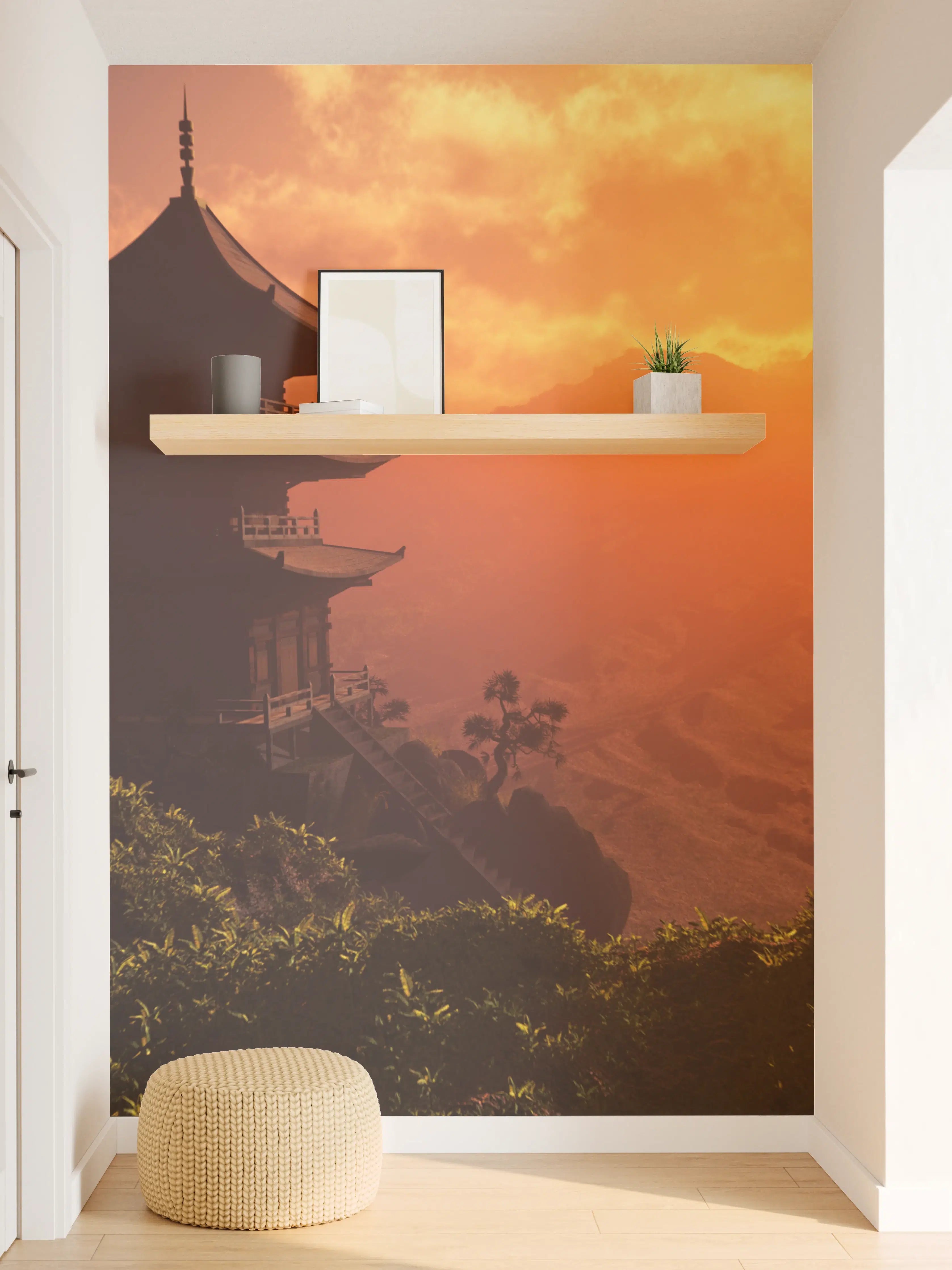 Wandverkleidung Flur - Traditionelle Pagode im Sonnenuntergang