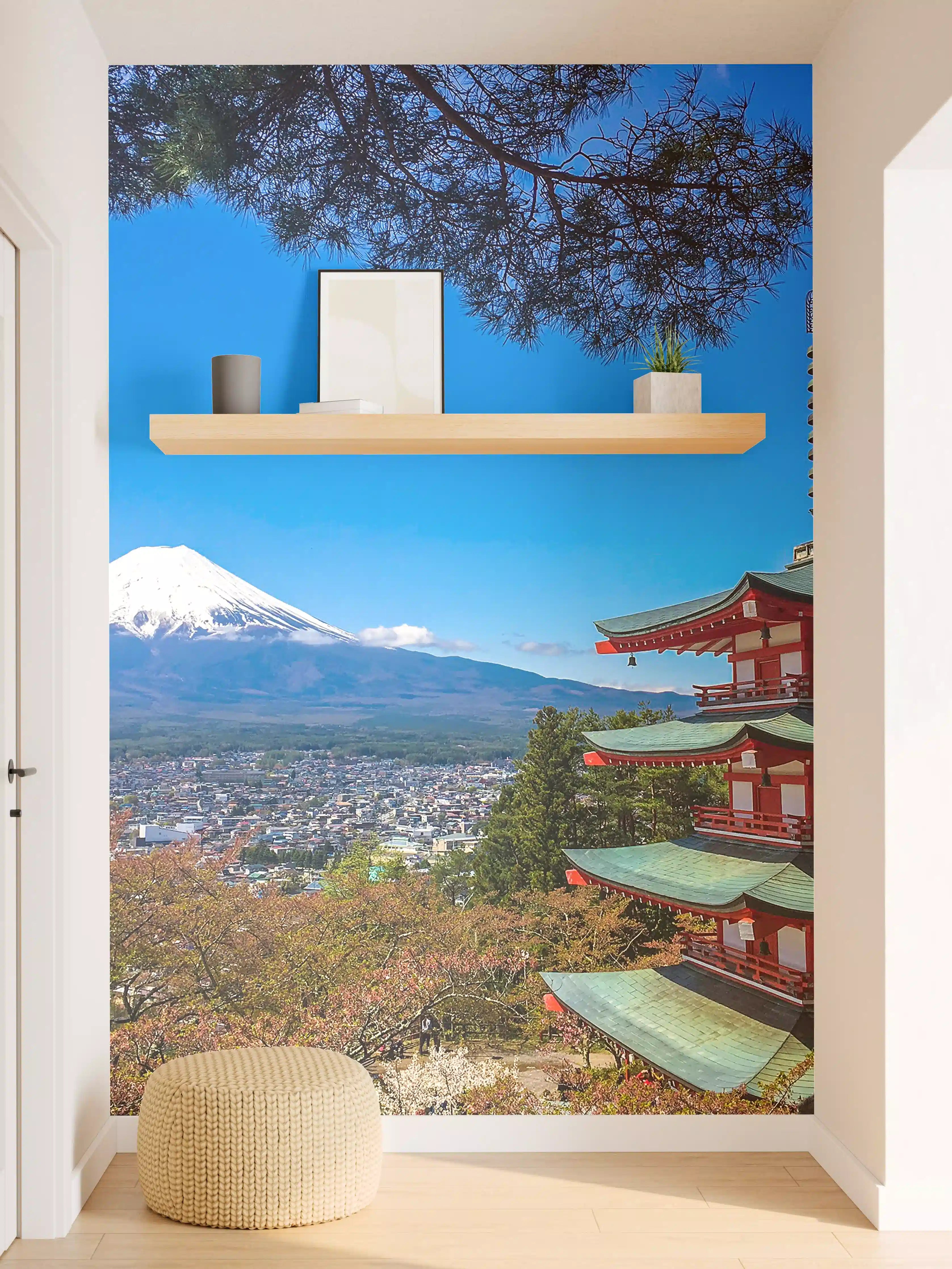 Wandverkleidung Flur - Traditionelles Japan: Mount Fuji und Pagode im Frühling