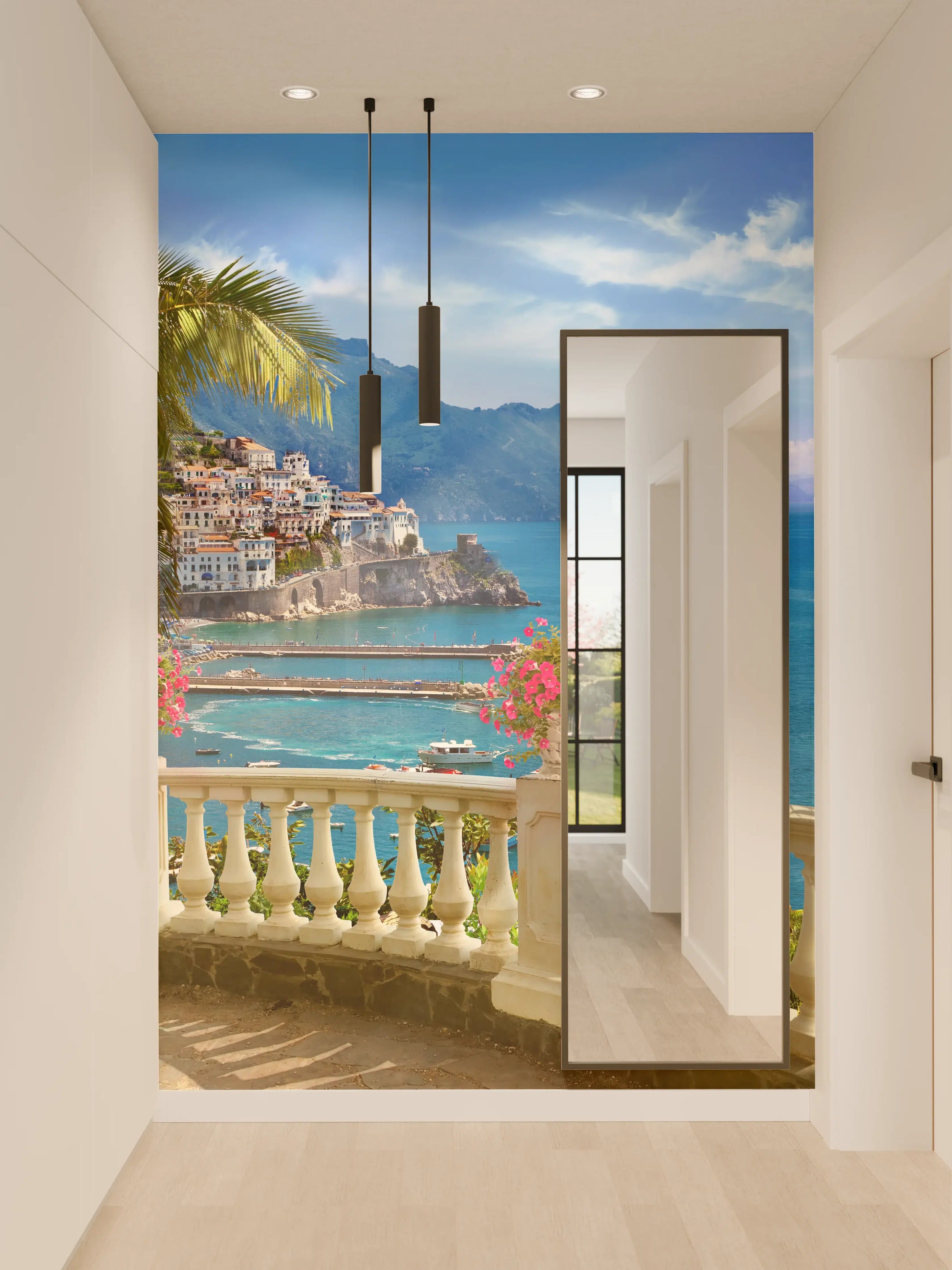 Wandverkleidung Flur - Traumhafte Aussicht auf die Amalfi-Küste mit Palmen und Meer
