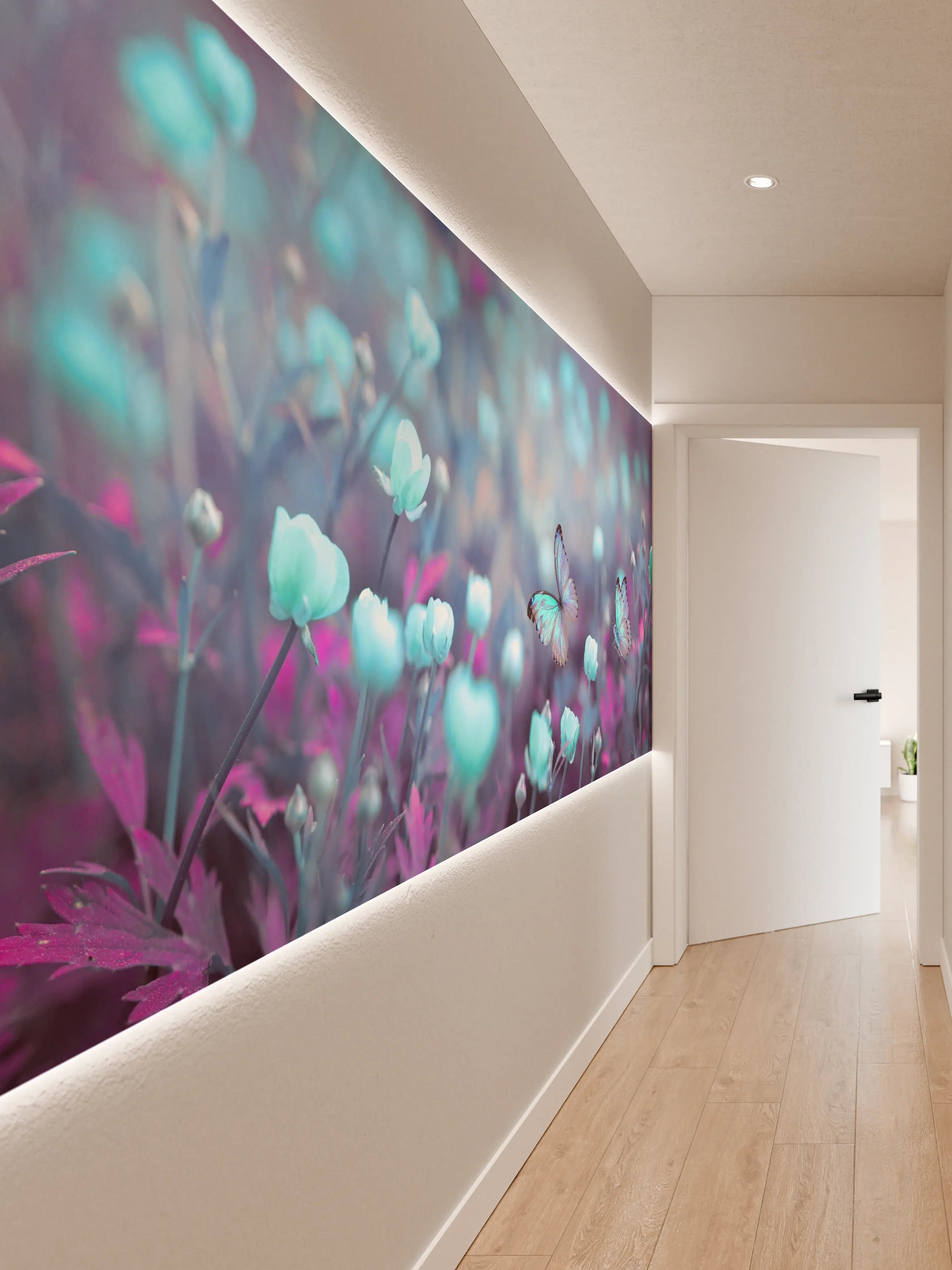 Wandverkleidung Flur - Traumhafte Blumenwiese mit Schmetterlingen