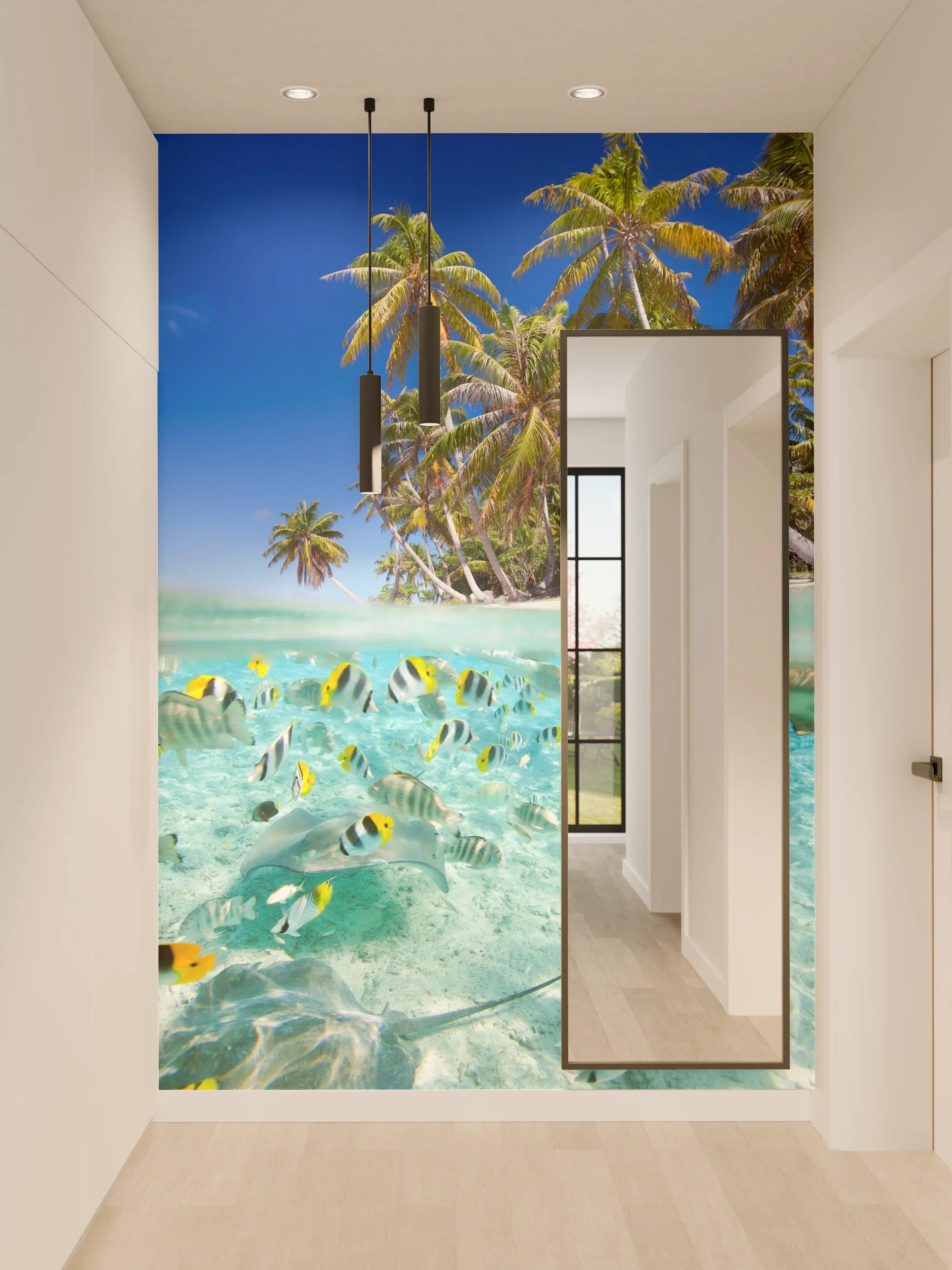 Wandverkleidung Flur - Traumhafte Tropeninsel mit Fischschwarm