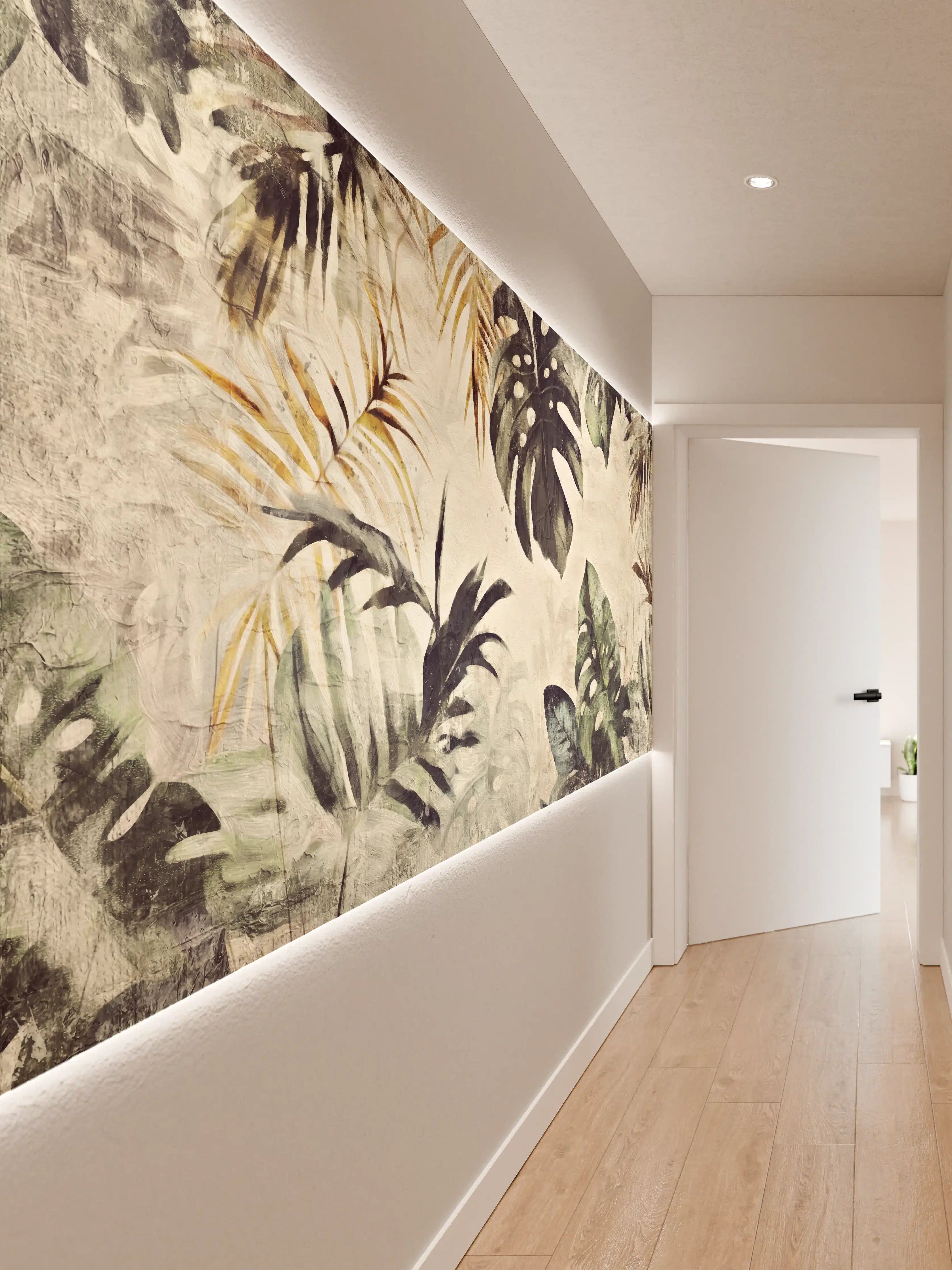 Wandverkleidung Flur - Tropische Blätter in Grün und Braun