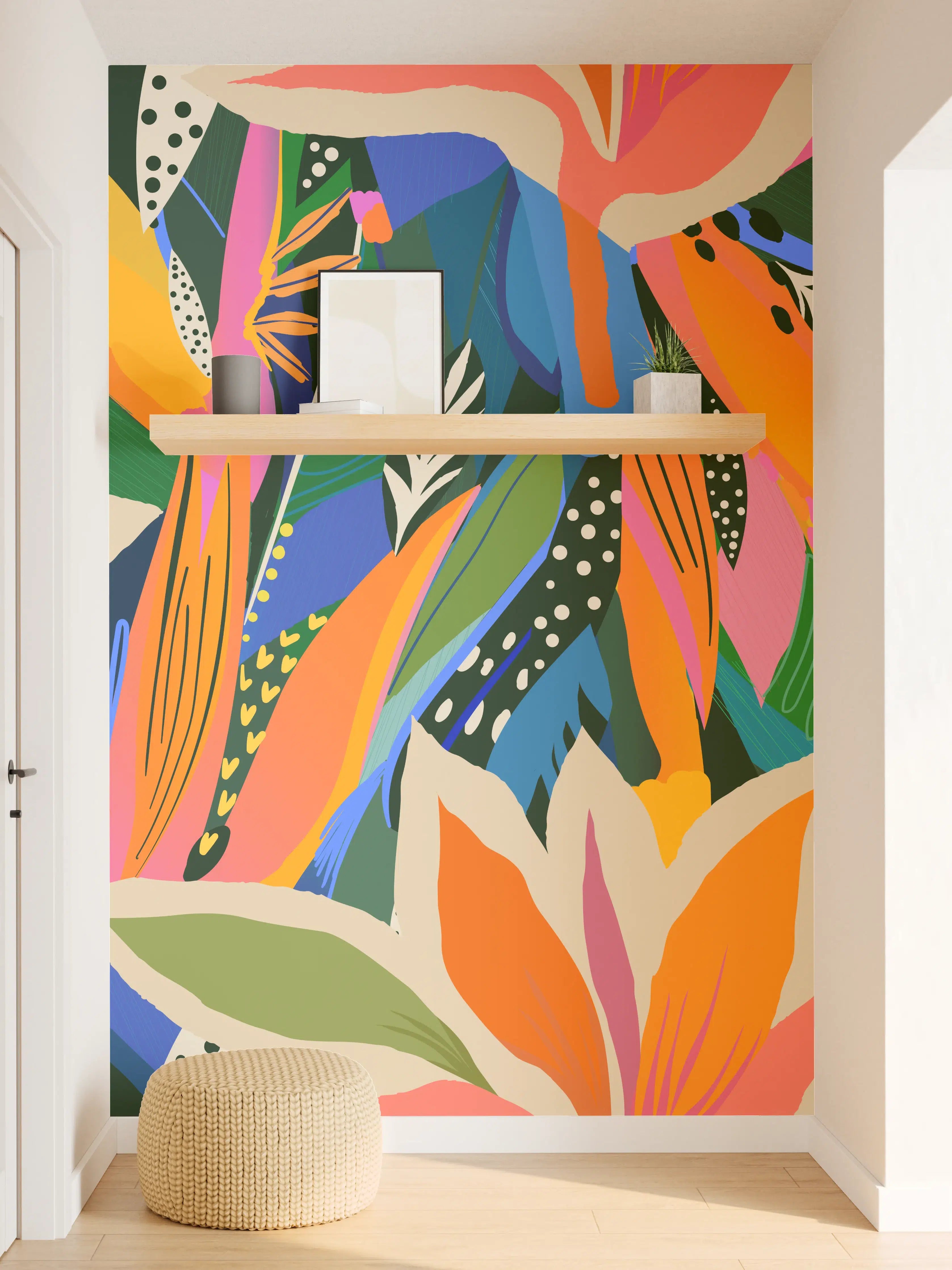 Wandverkleidung Flur - Tropische Blüten Blau-Orange-Grün