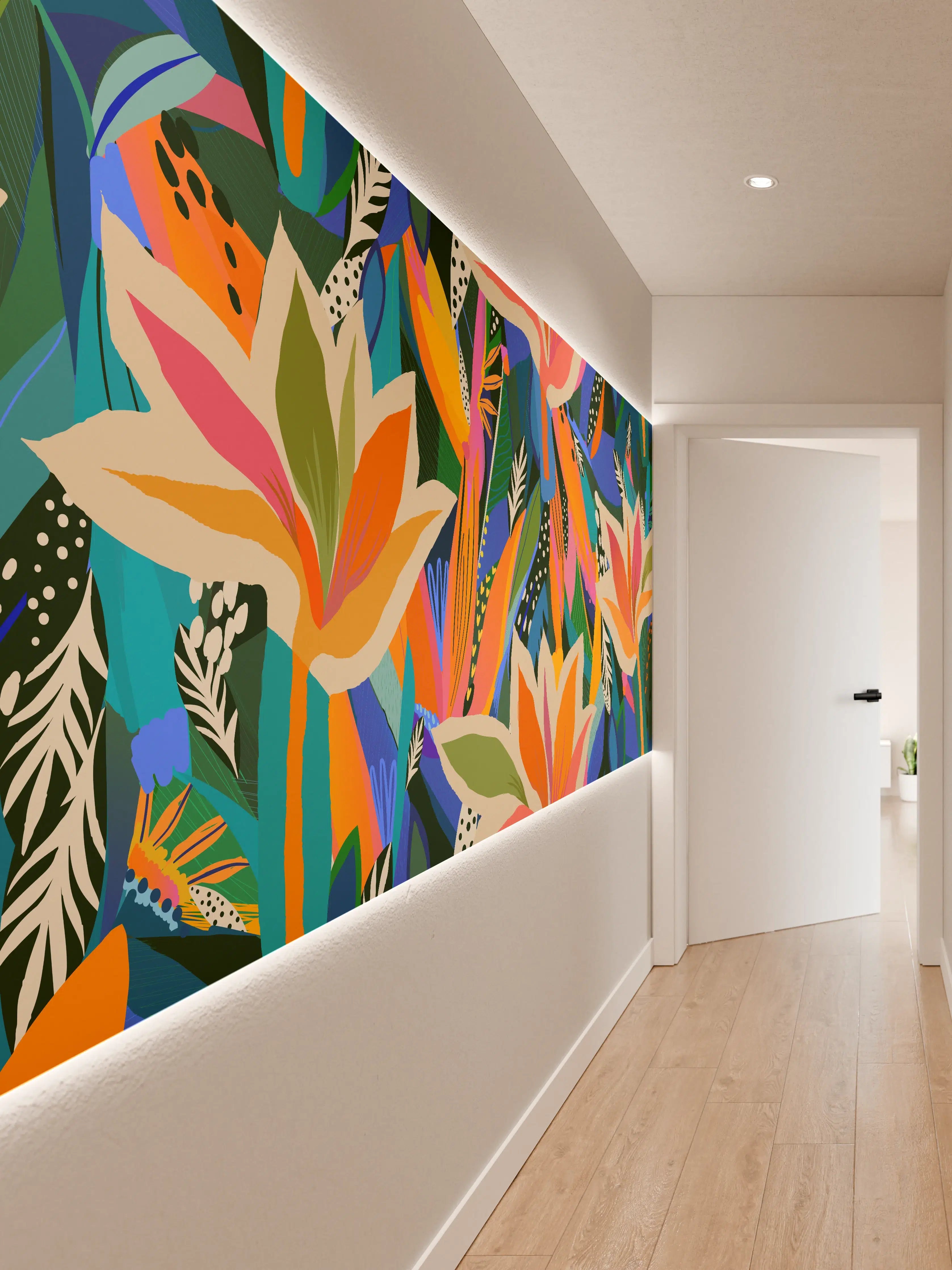 Wandverkleidung Flur - Tropische Blüten Blau-Orange-Grün