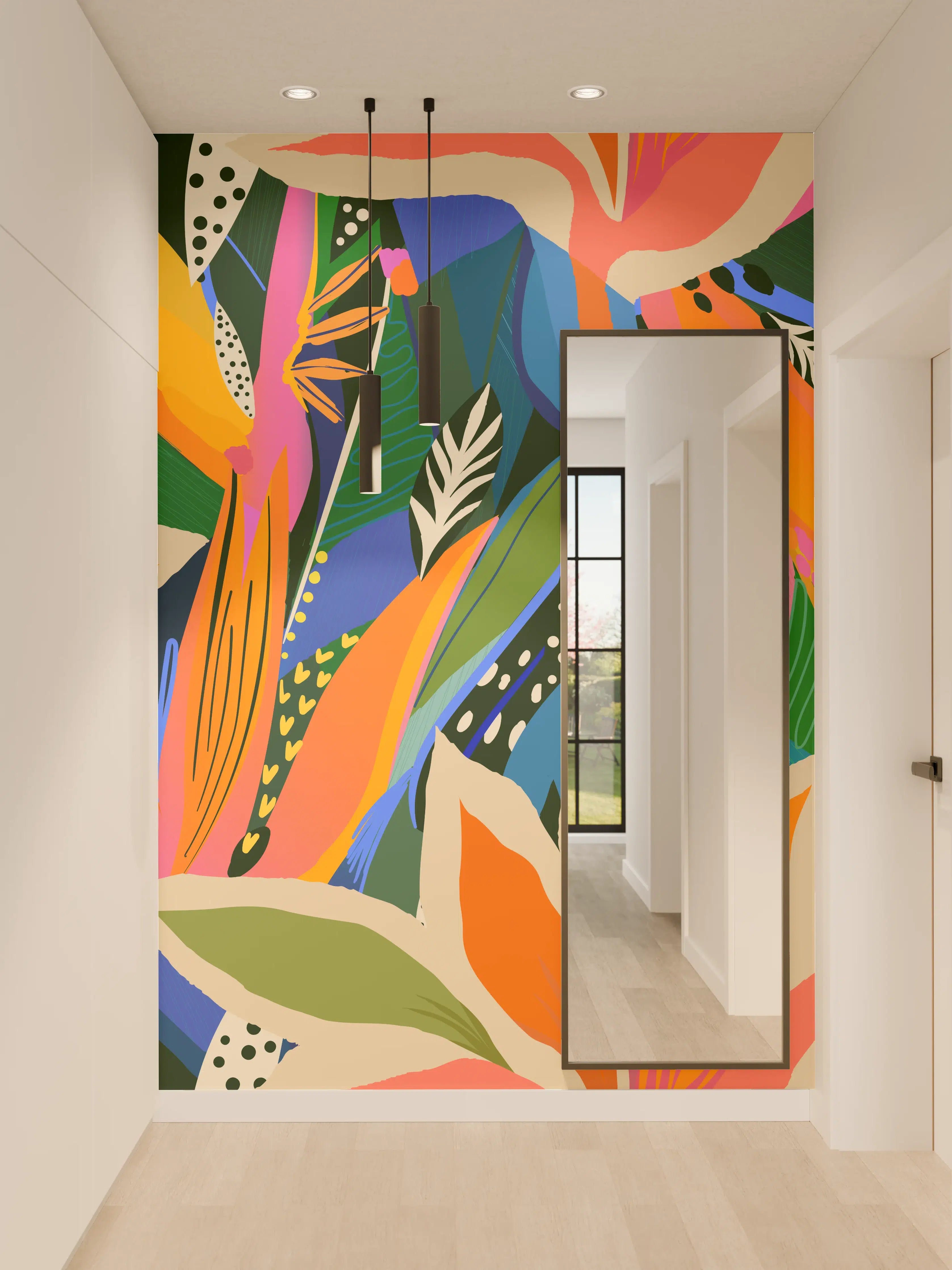 Wandverkleidung Flur - Tropische Blüten Blau-Orange-Grün