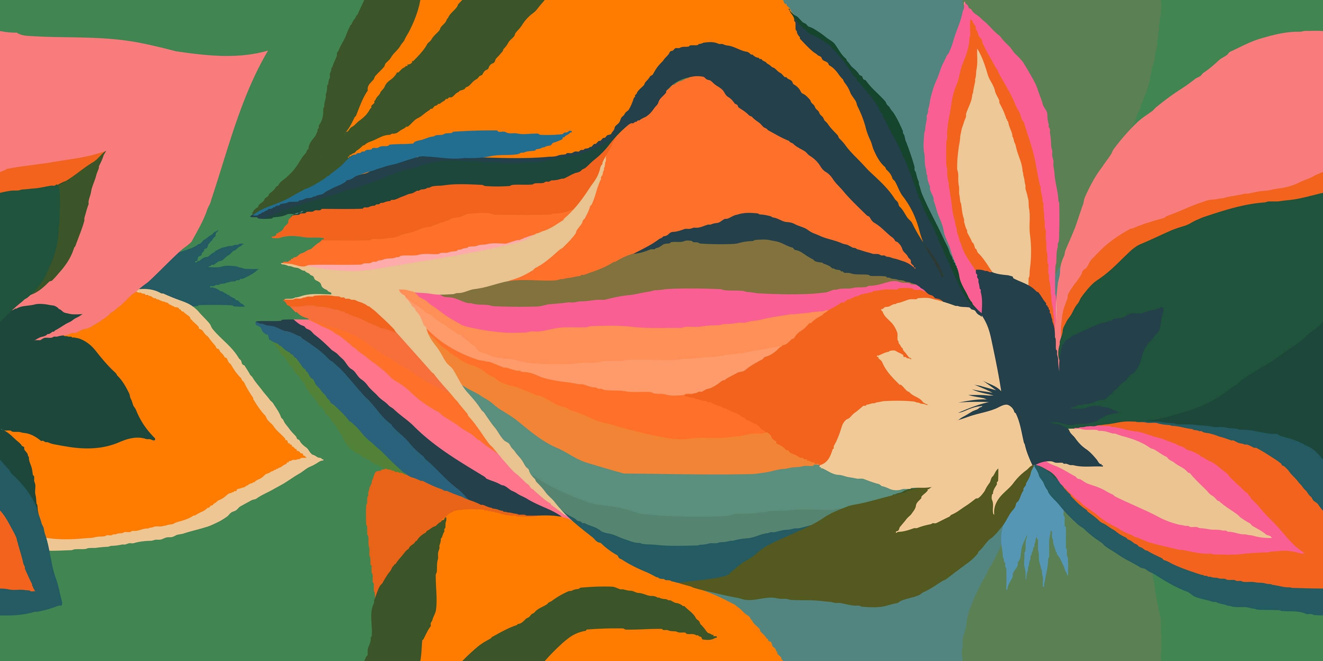 Wandverkleidung Flur-Tropische Blüten in Orange