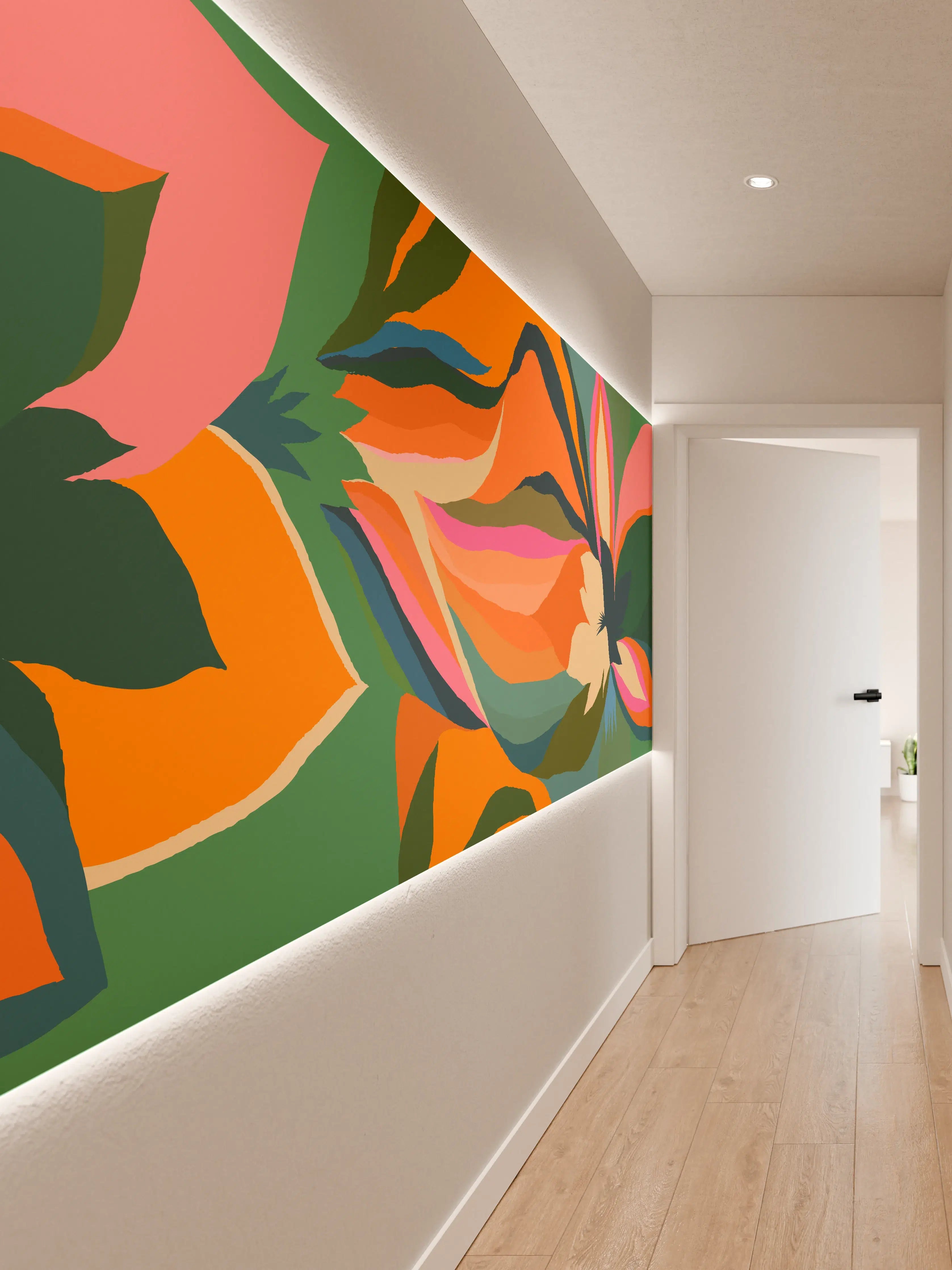 Wandverkleidung Flur - Tropische Blüten in Orange