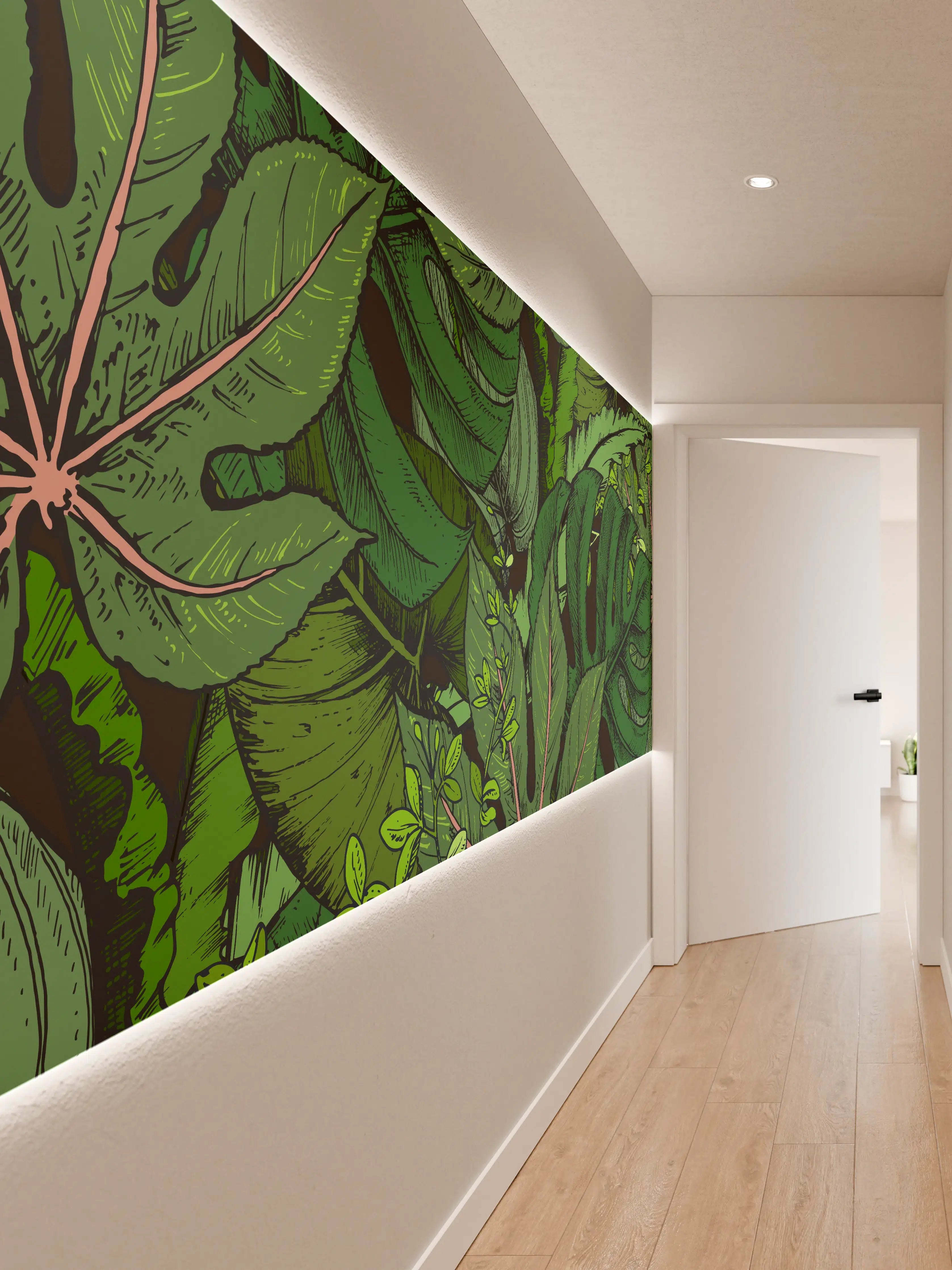 Wandverkleidung Flur - Tropische Monstera-Blätter Grün
