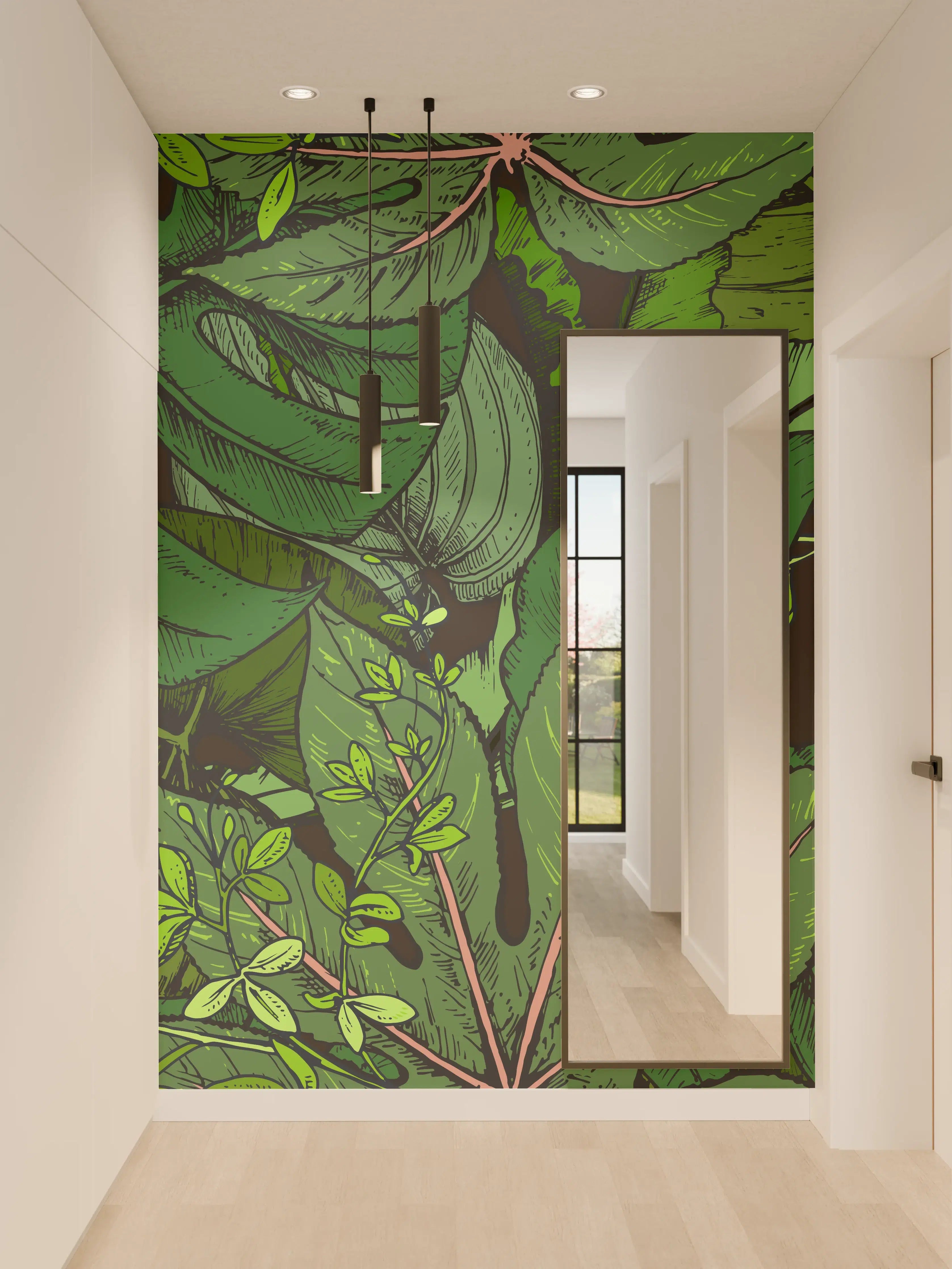 Wandverkleidung Flur - Tropische Monstera-Blätter Grün
