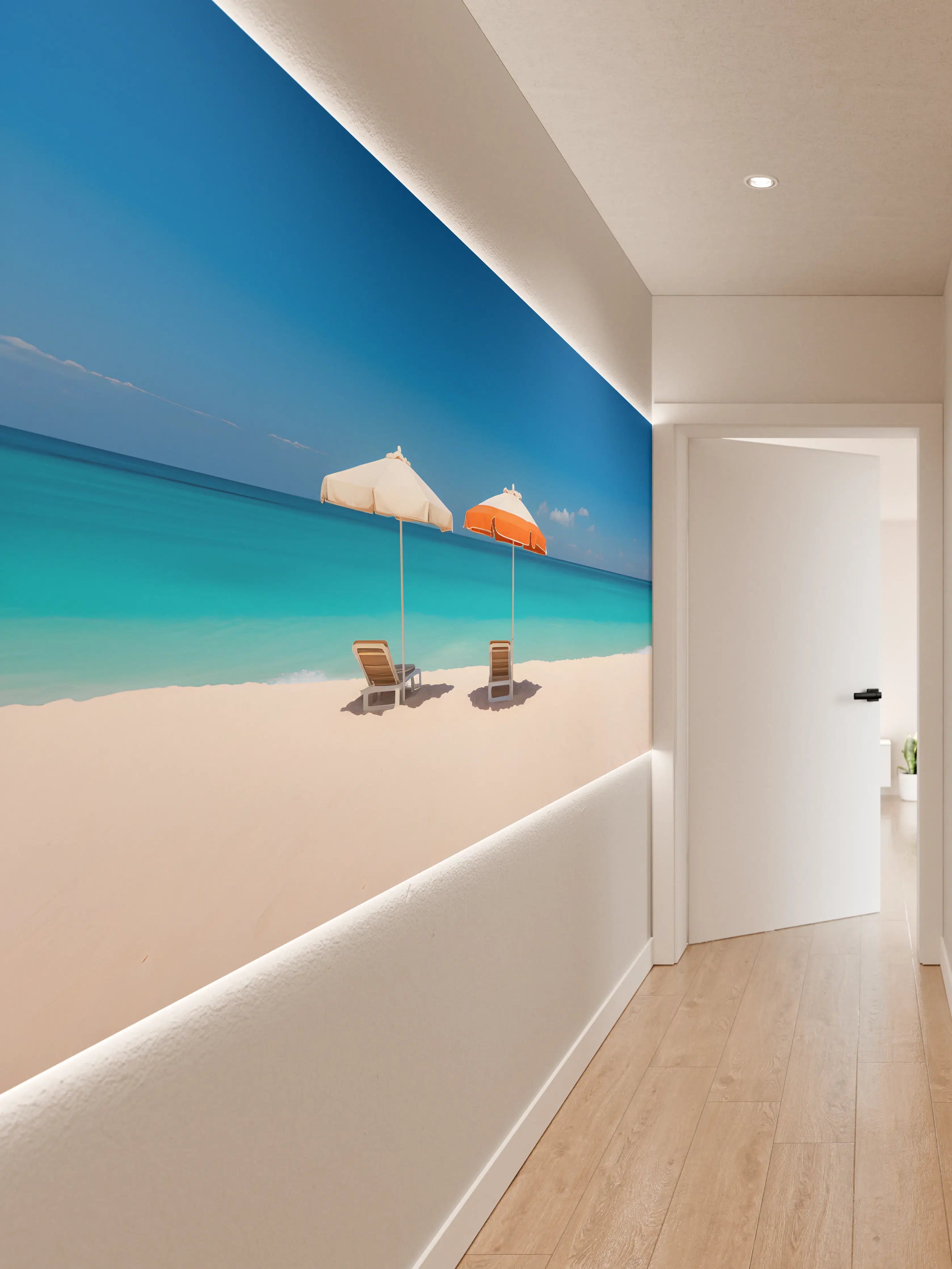 Wandverkleidung Flur - Tropischer Strand mit Sonnenschirmen