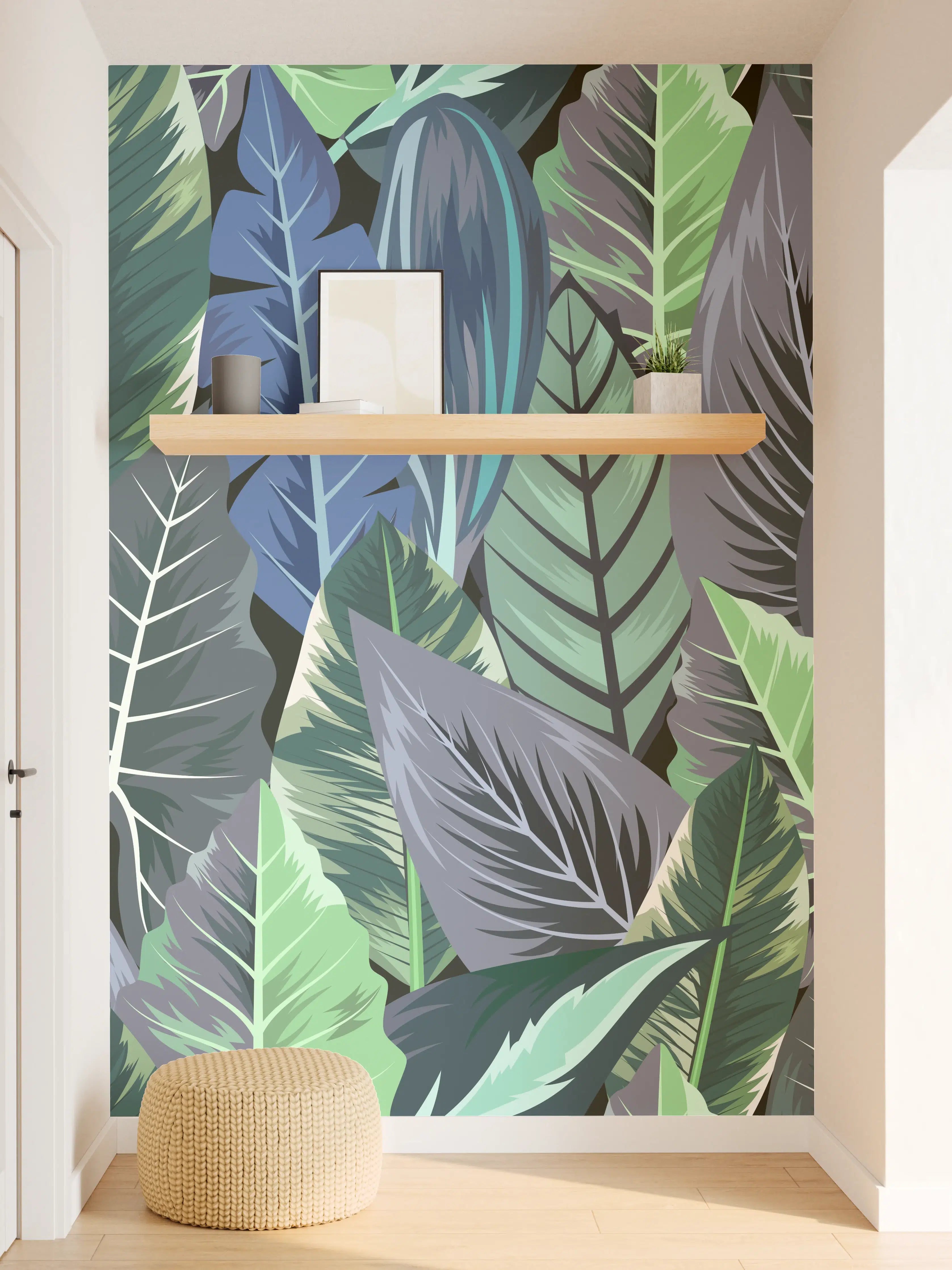 Wandverkleidung Flur - Tropisches Blatt-Labyrinth Grün-Blau