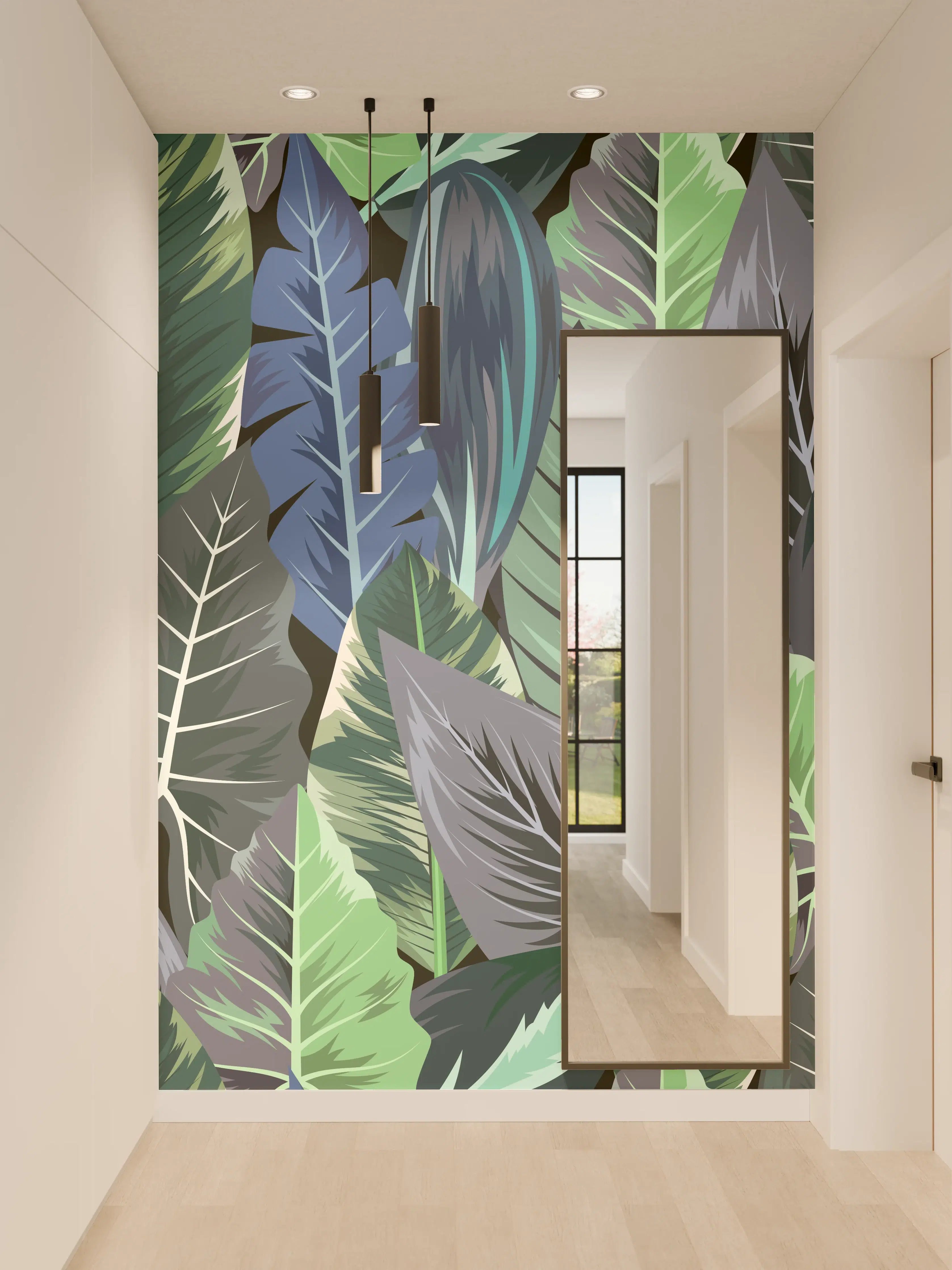 Wandverkleidung Flur - Tropisches Blatt-Labyrinth Grün-Blau