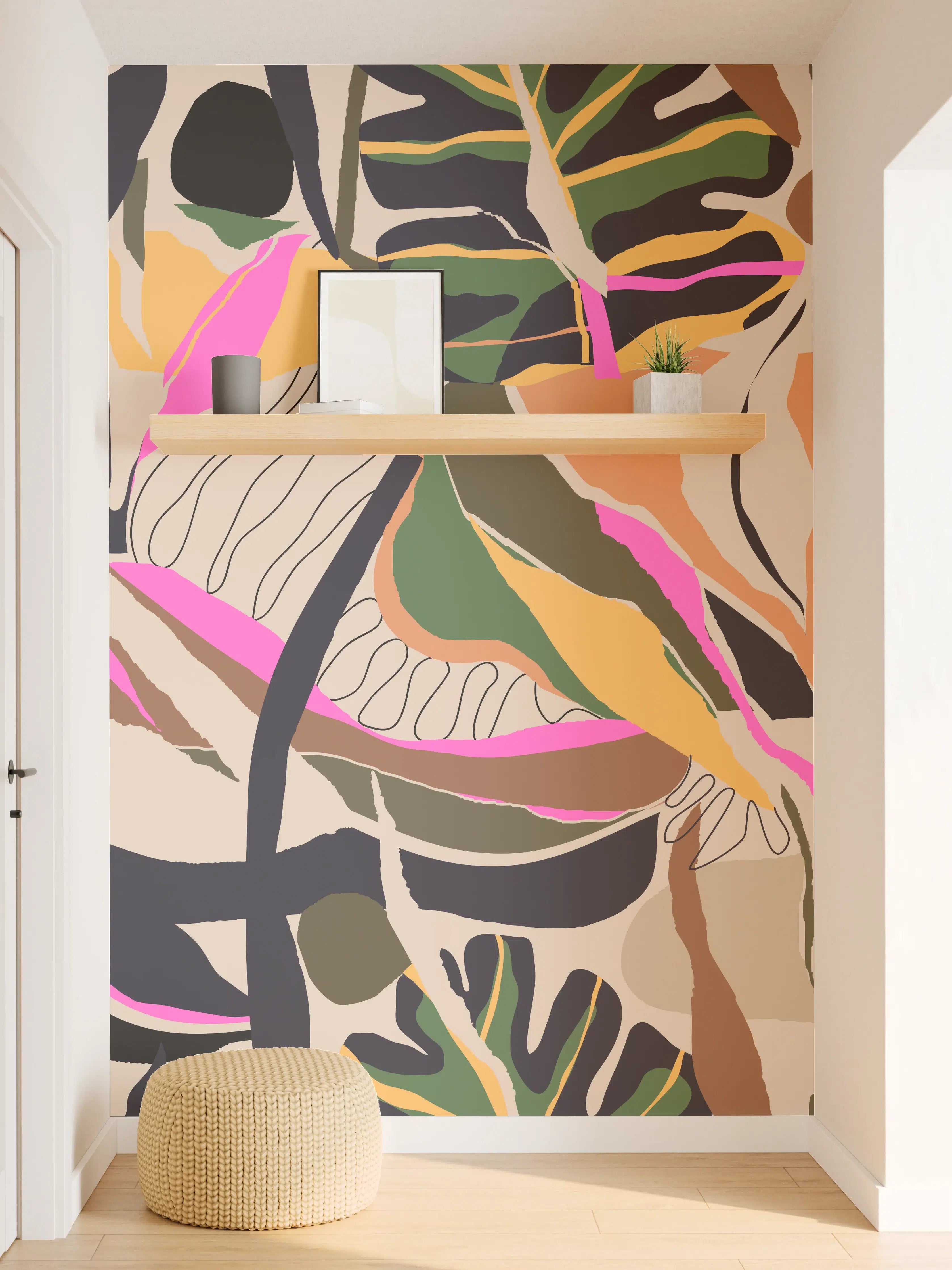 Wandverkleidung Flur - Tropisches Blattmuster Beige-Pink