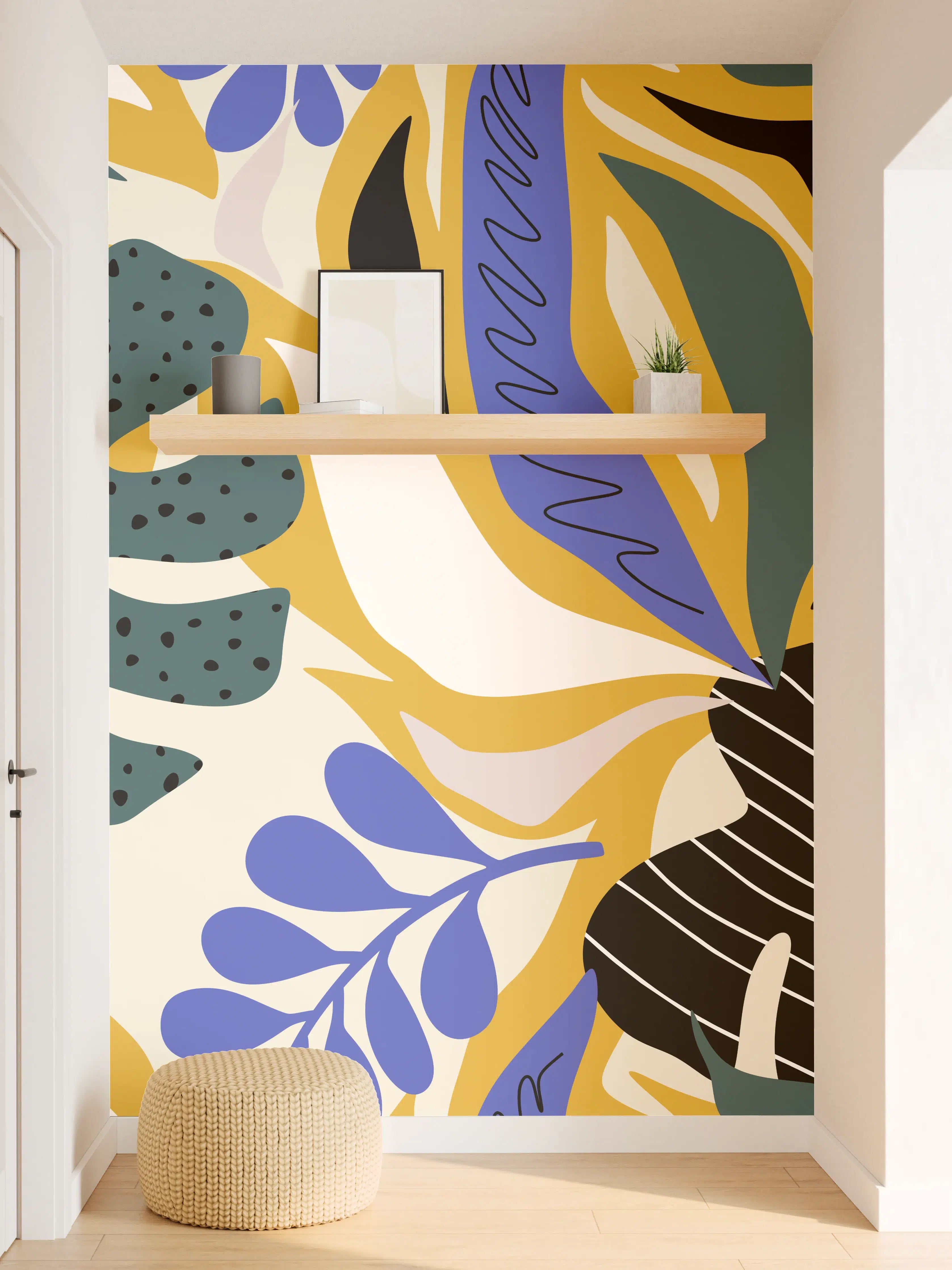 Wandverkleidung Flur - Tropisches Blattmuster Gelb-Blau