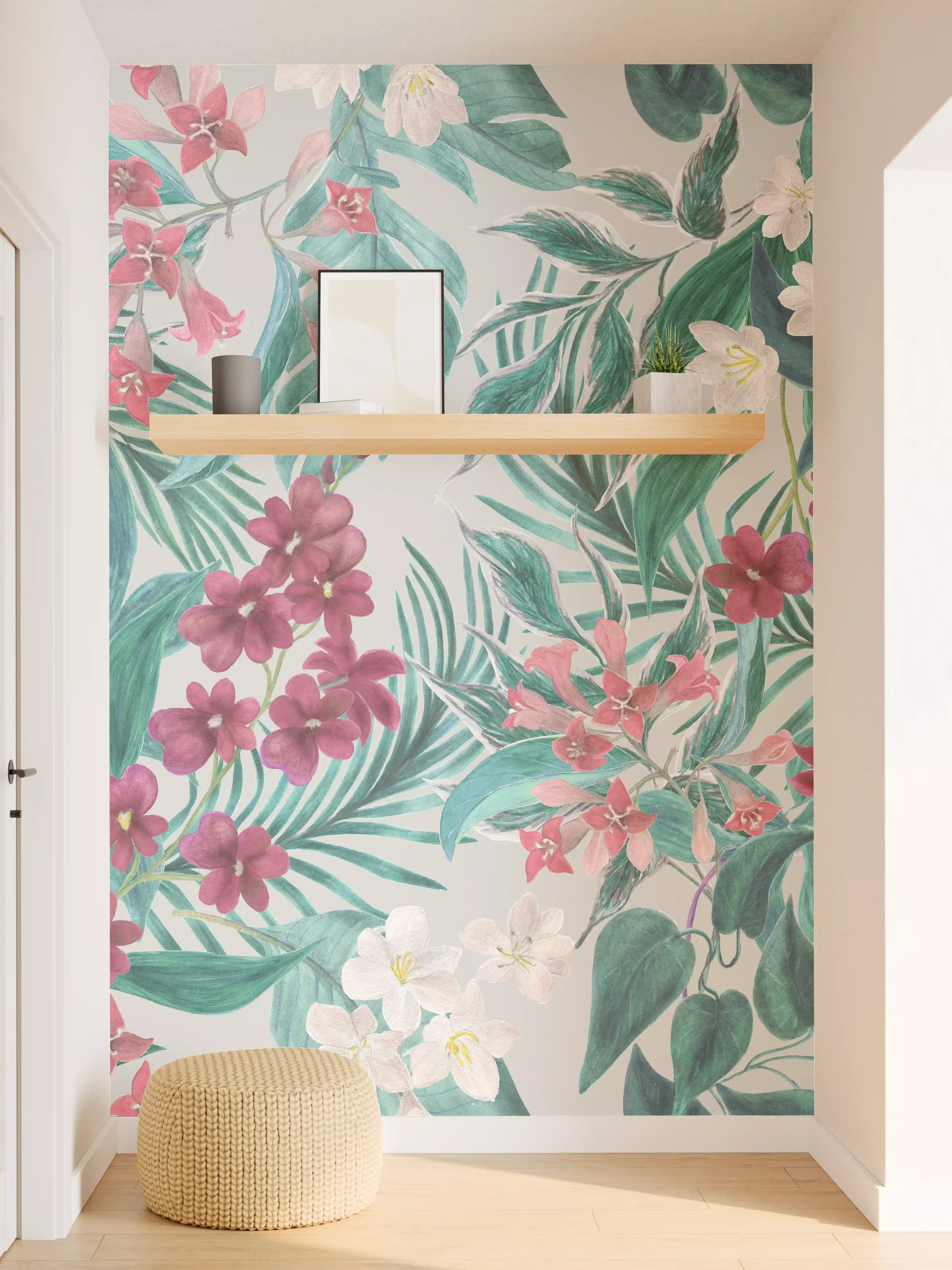 Wandverkleidung Flur - Tropisches Blumenmuster Rosa-Grau