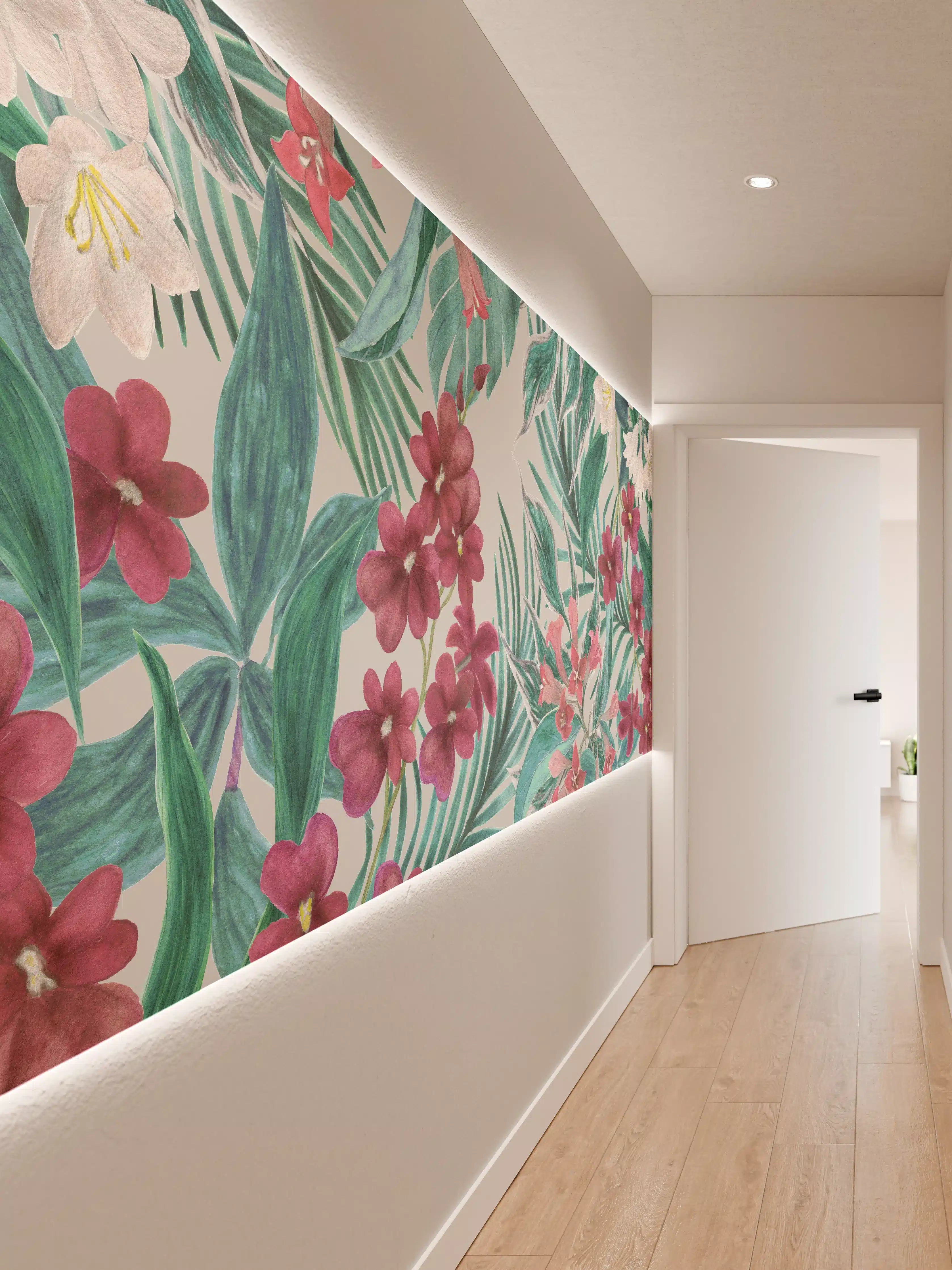 Wandverkleidung Flur - Tropisches Blumenmuster Rosa-Grau
