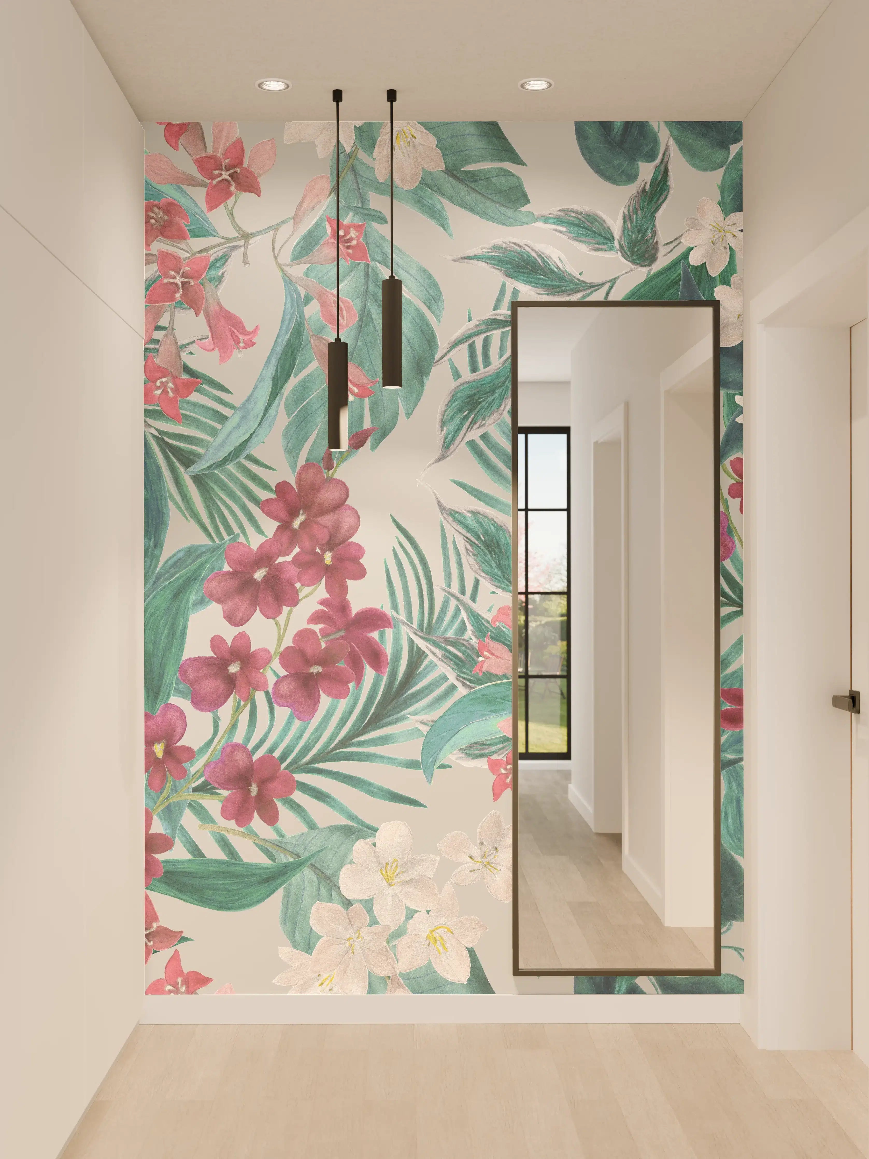 Wandverkleidung Flur - Tropisches Blumenmuster Rosa-Grau