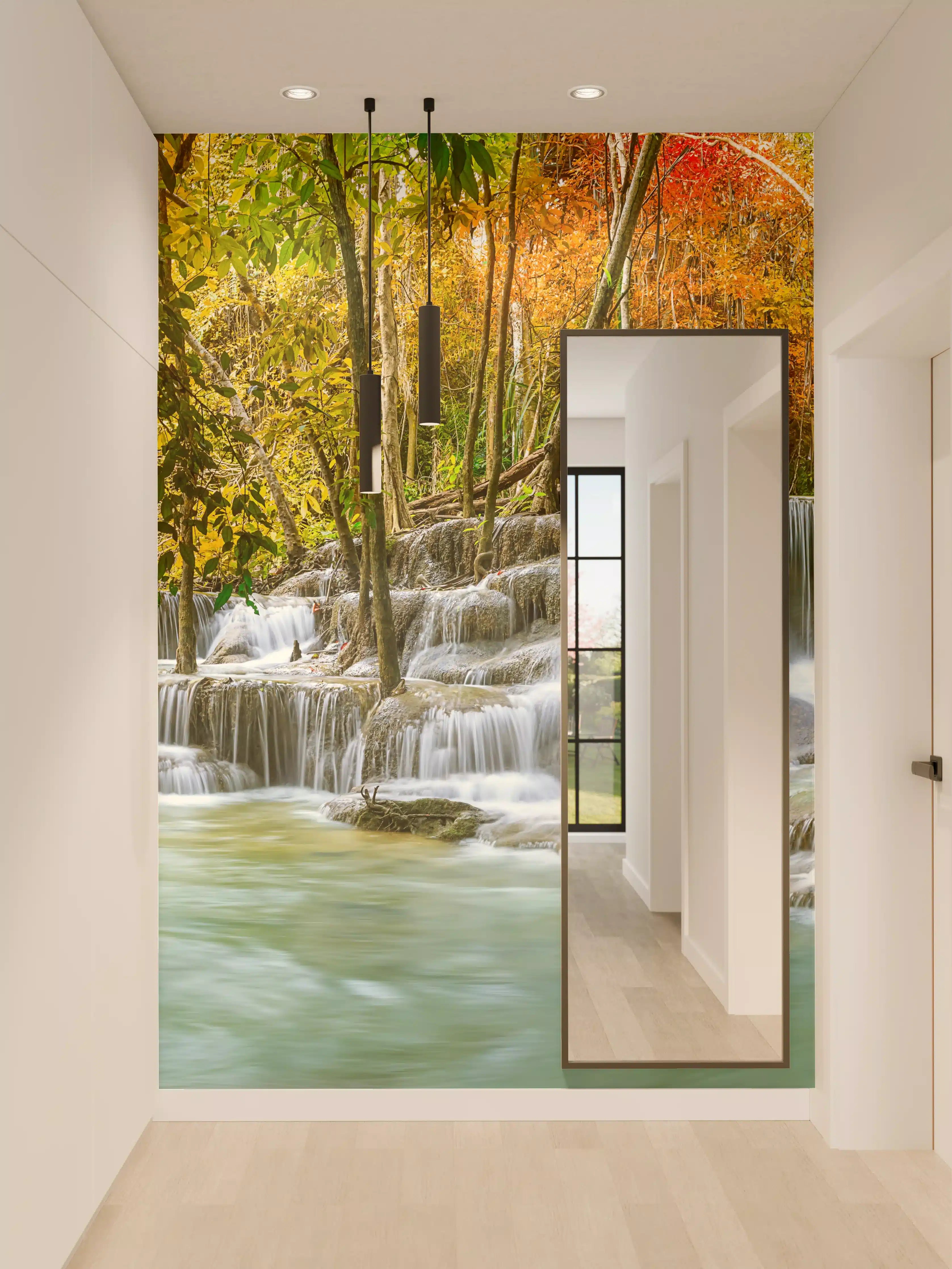 Wandverkleidung Flur - Türkis-Grüner Wasserfall im Herbst