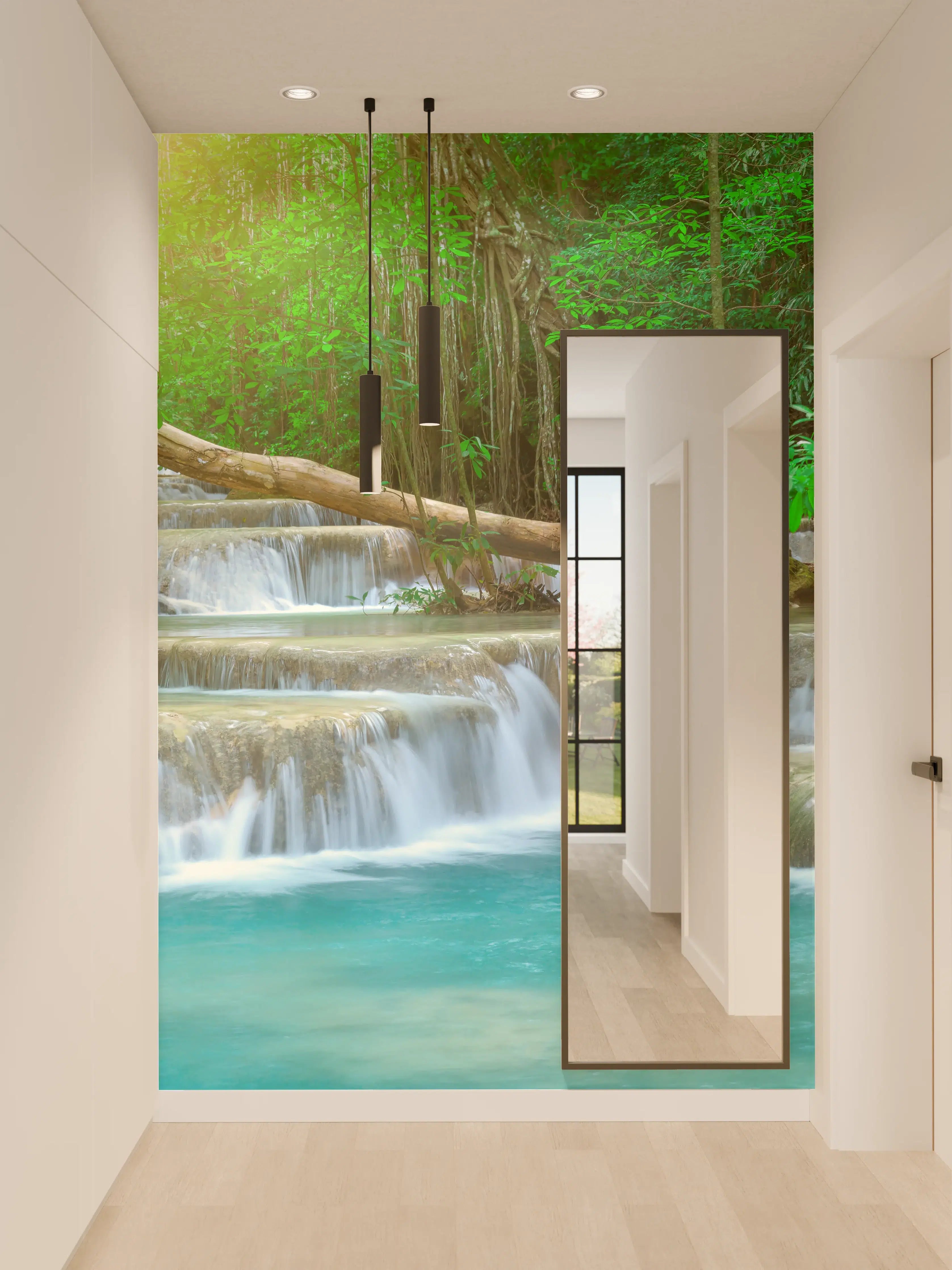 Wandverkleidung Flur - Türkis-Wasserfall im grünen Wald